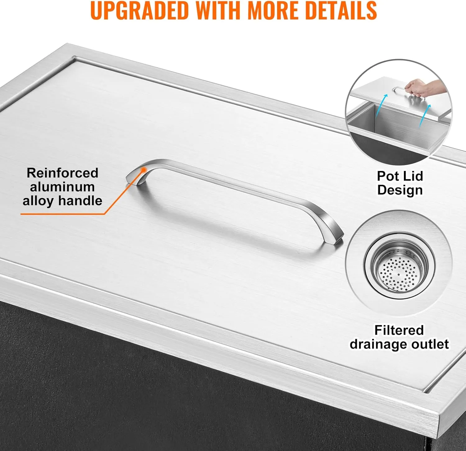 VEVOR Drop in Ice Chest, 20" L x 14" W x 12" H Stainless Steel Ice Cooler, Commercial Ice Bin with Cover, 40 qt Outdoor Kitchen Ice Bar, Drain-Pipe and Drain Plug Included, for Cold Wine Beer