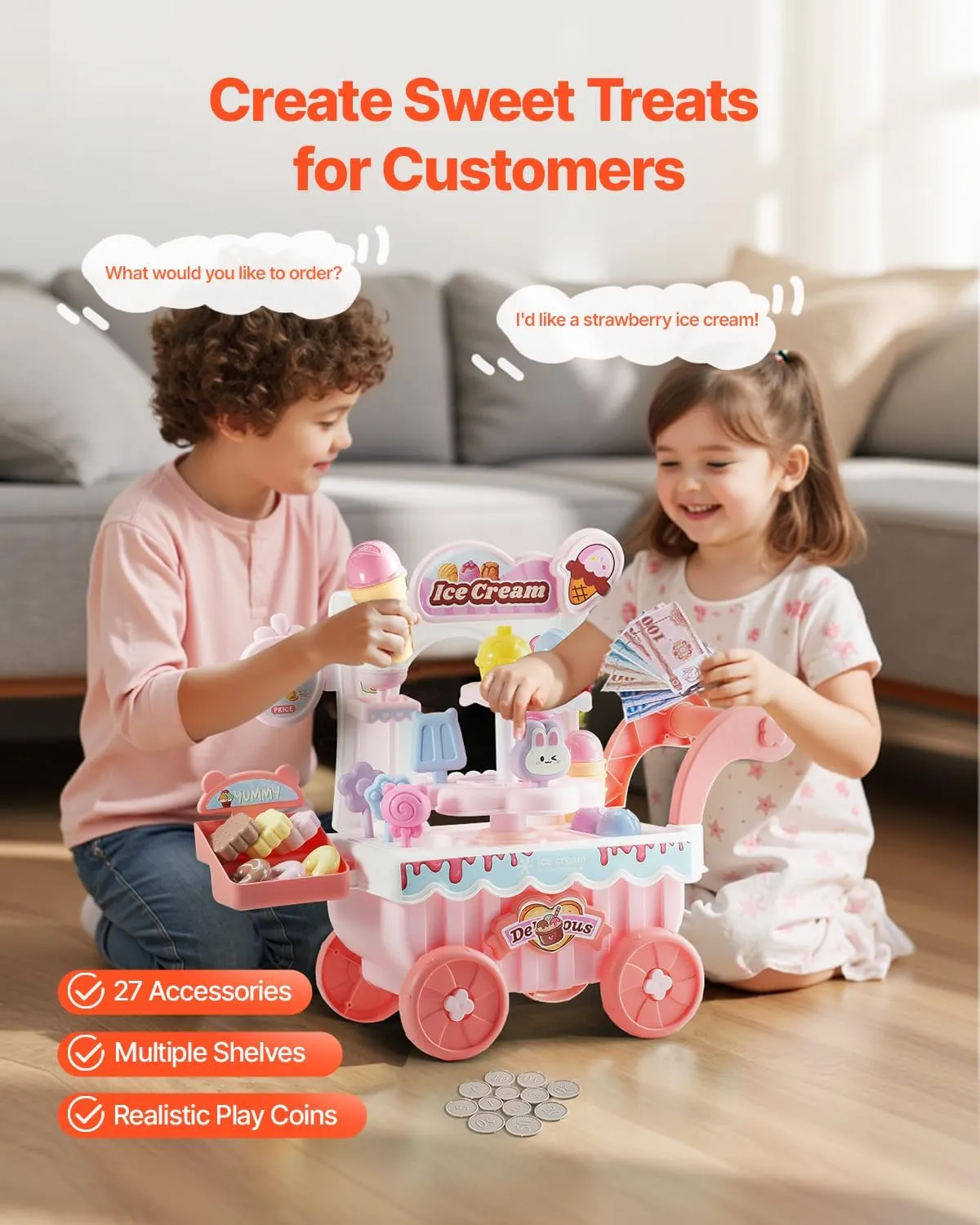 VEVOR Ice Cream Cart for Kids, 27 PCS Accessories, Pretend Play Store with Storage Trolley, Sound & Light Effects, Montessori Educational Ice Cream Truck Toys for Toddlers 3  (14.2*17.1*7.1 Inch)