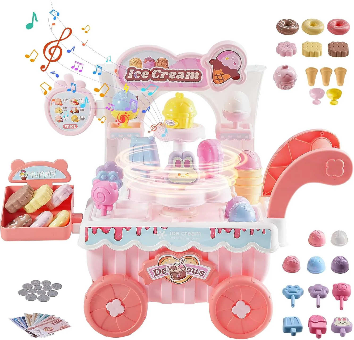 VEVOR Ice Cream Cart for Kids, 27 PCS Accessories, Pretend Play Store with Storage Trolley, Sound & Light Effects, Montessori Educational Ice Cream Truck Toys for Toddlers 3  (14.2*17.1*7.1 Inch)