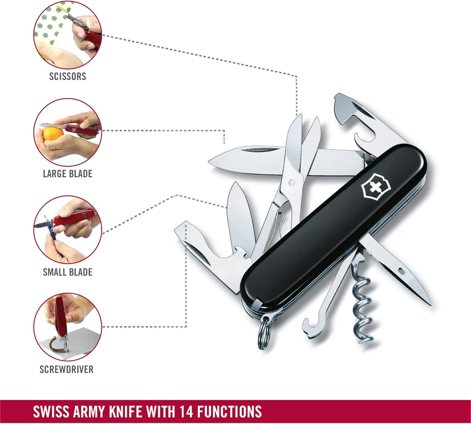 Victorinox Climber Swiss Army Knife, 14 Function Swiss Made Pocket Knife with 2 Blades, Corkscrew and Screwdriver - Black