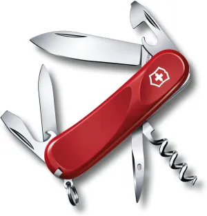 Victorinox Evolution 10 Red Swiss Army Knife, 13 Function Ergonomic Swiss Made Pocket Knife with Large Blade, Reamer and Nail File - Red