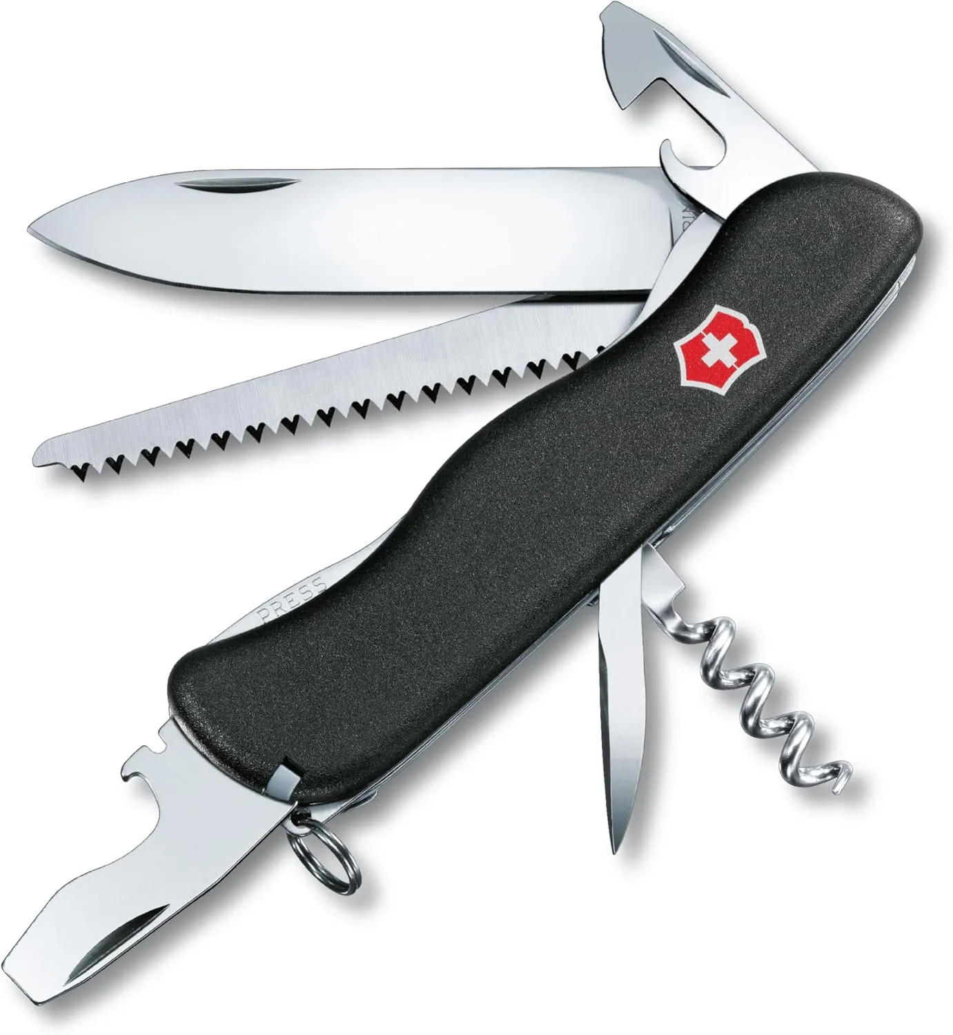 Victorinox Forester Swiss Army Knife, 12 Function Swiss Made Pocket Knife with Large Blade, Wood Saw and Reamer/Punch - Black