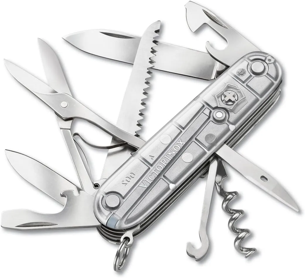 Victorinox Huntsman Swiss Army Knife, 15 Functions, Swiss Made Pocket Knife with Large Blade, Screwdriver, Scissors and Wood Saw - Silver Tech