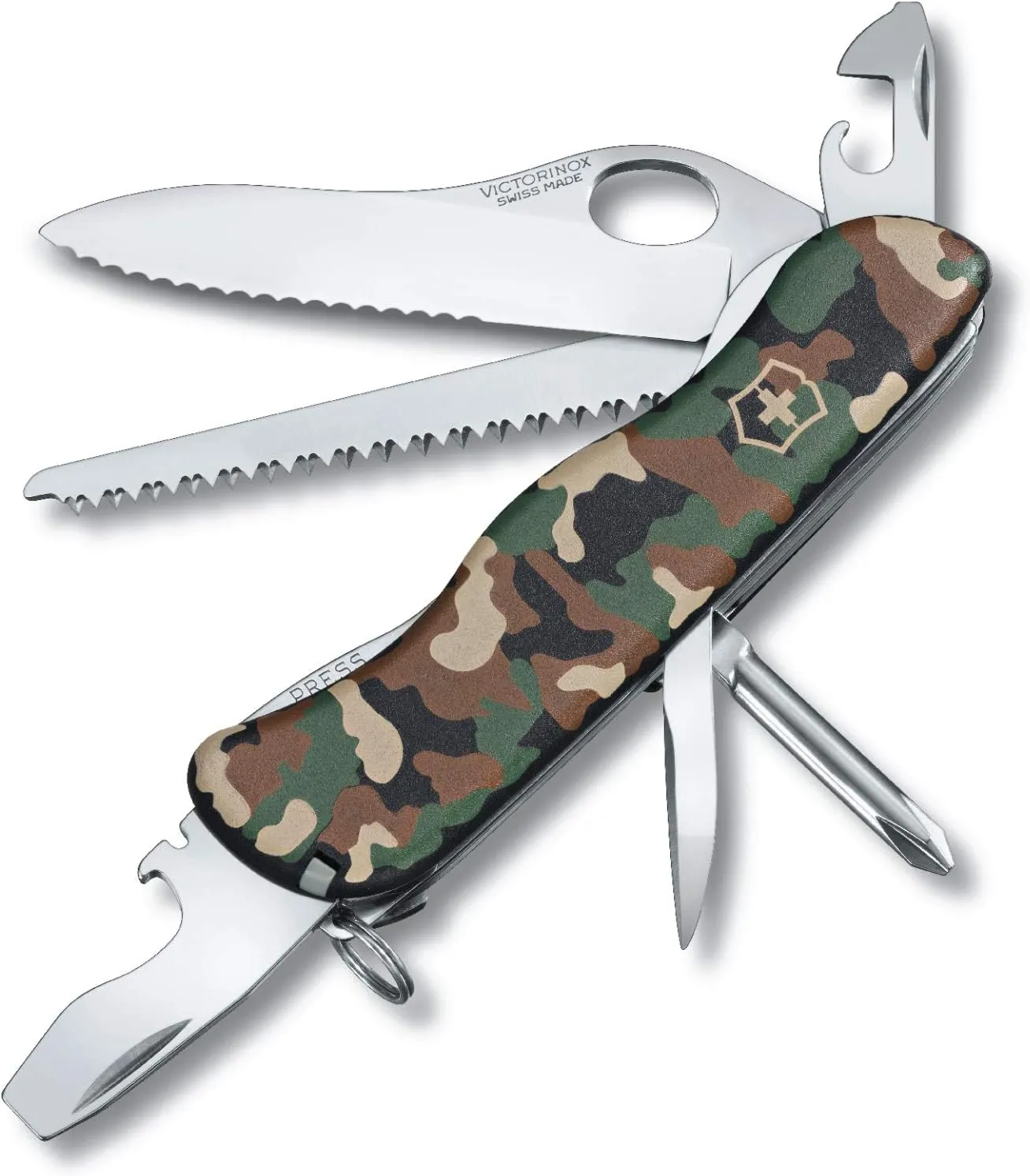 Victorinox One-Hand Trekker Swiss Army Knife, 12 Function Swiss Made Pocket Knife with Large Serrated Blade, Bottle Opener and Wood Saw - Black