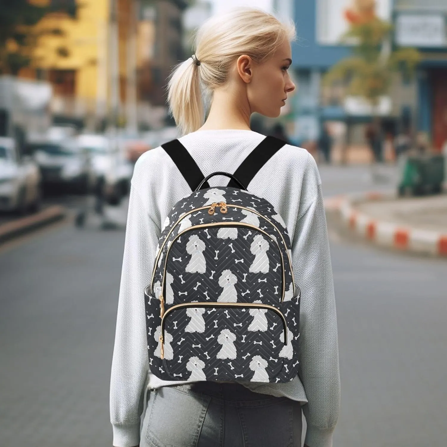 VIGTRO Women Fashion Backpack Quilted Mini Purse Cute Poodles with Bones, Lightweight Travel Casual Shoulder Backpack with Adjustable Straps Size M