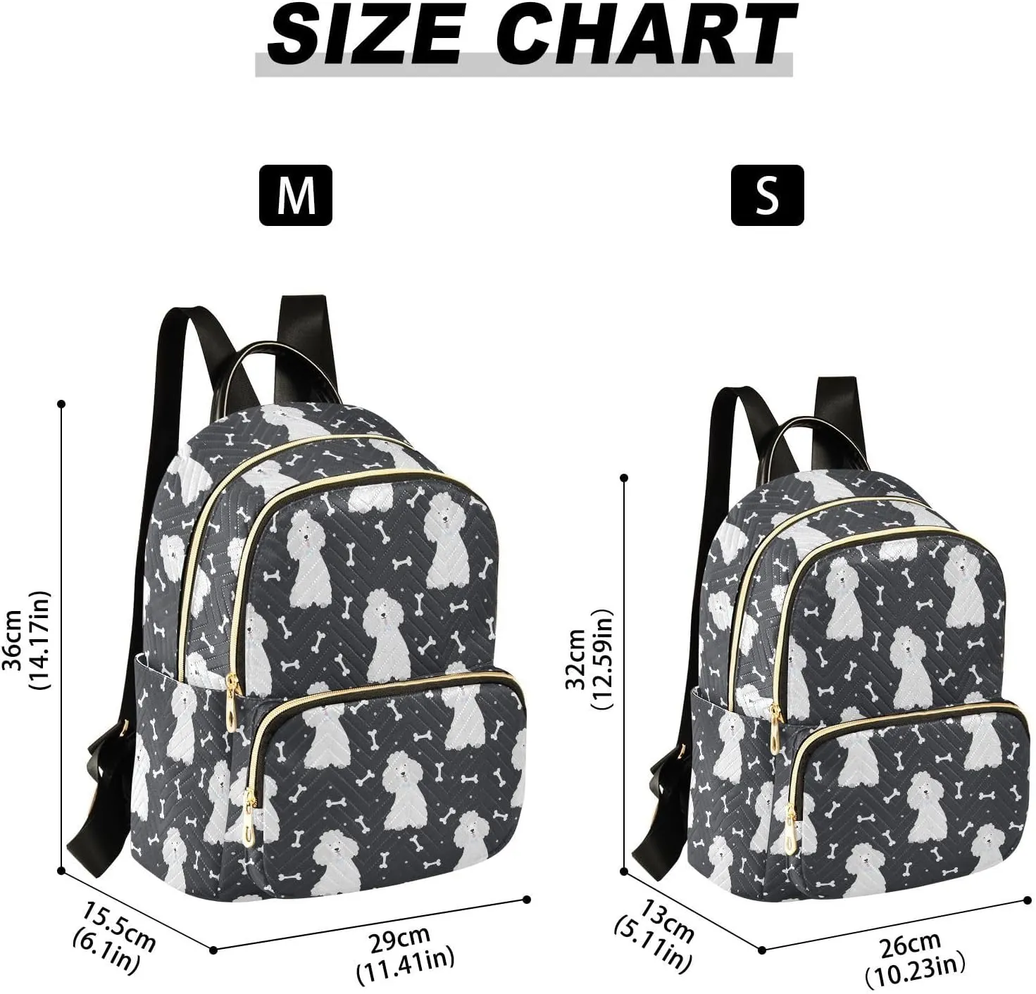 VIGTRO Women Fashion Backpack Quilted Mini Purse Cute Poodles with Bones, Lightweight Travel Casual Shoulder Backpack with Adjustable Straps Size M