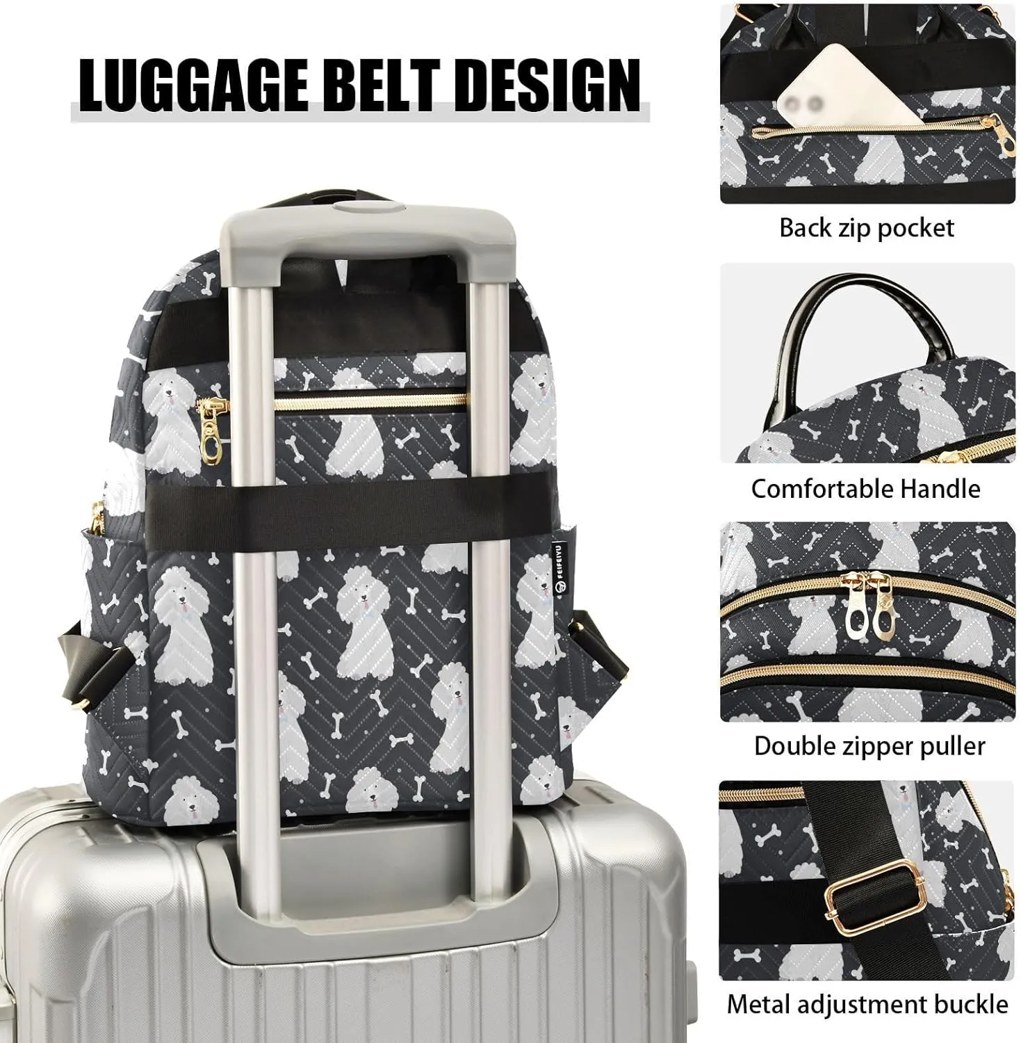 VIGTRO Women Fashion Backpack Quilted Mini Purse Cute Poodles with Bones, Lightweight Travel Casual Shoulder Backpack with Adjustable Straps Size M