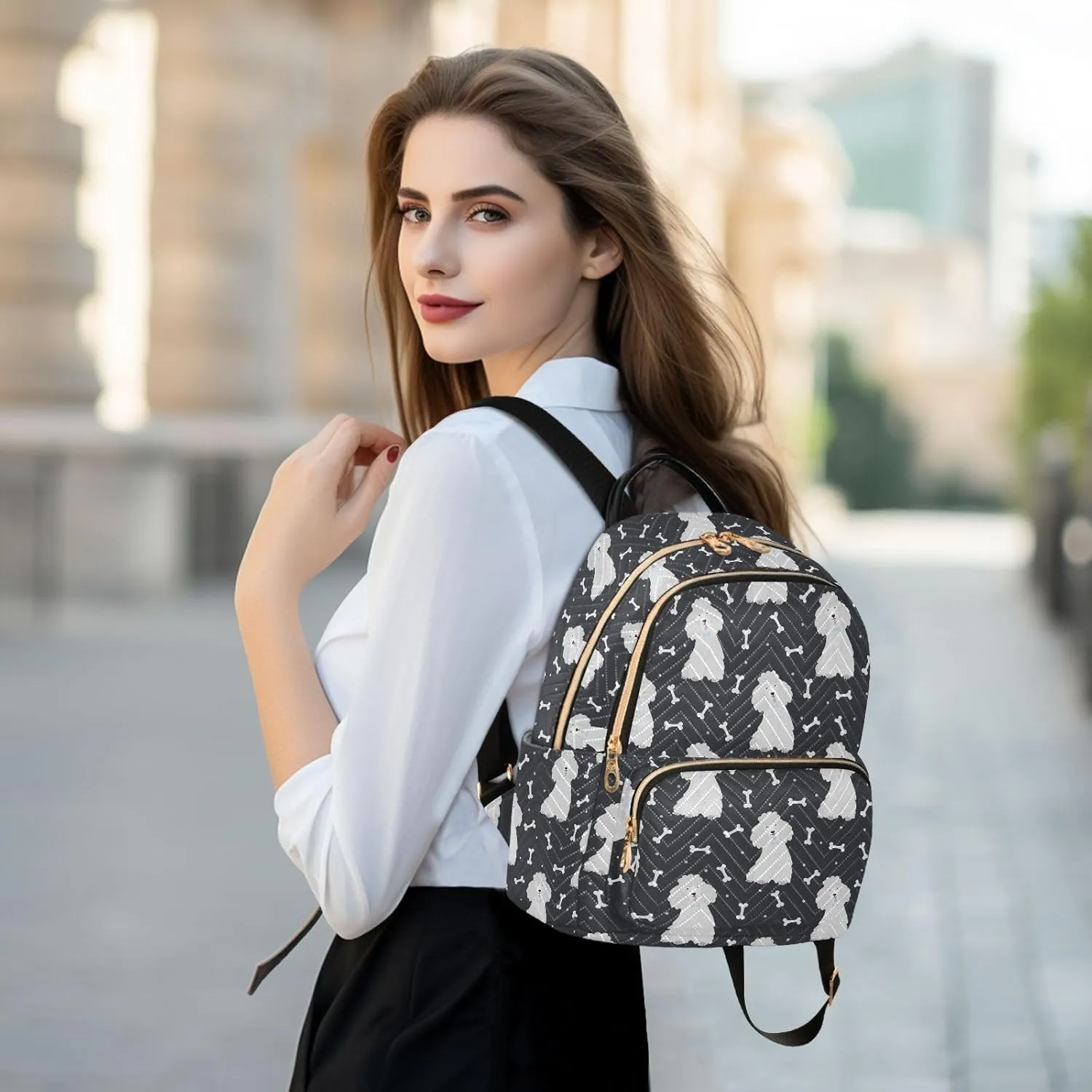 VIGTRO Women Fashion Backpack Quilted Mini Purse Cute Poodles with Bones, Lightweight Travel Casual Shoulder Backpack with Adjustable Straps Size M