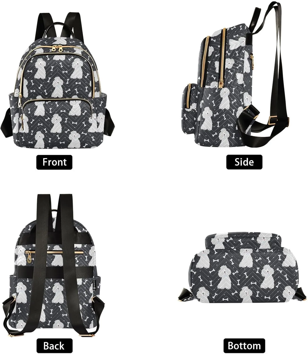 VIGTRO Women Fashion Backpack Quilted Mini Purse Cute Poodles with Bones, Lightweight Travel Casual Shoulder Backpack with Adjustable Straps Size M