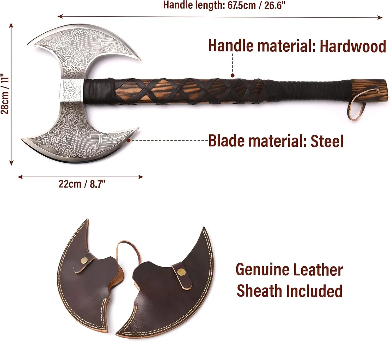 VikingsBrand Handmade Viking Axe Real, Battle Axe, Norse Axe Head Made of 1095 Carbon Steel, Viking Bearded Camping Axe (Odin's Double Head)