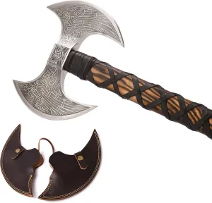VikingsBrand Handmade Viking Axe Real, Battle Axe, Norse Axe Head Made of 1095 Carbon Steel, Viking Bearded Camping Axe (Odin's Double Head)