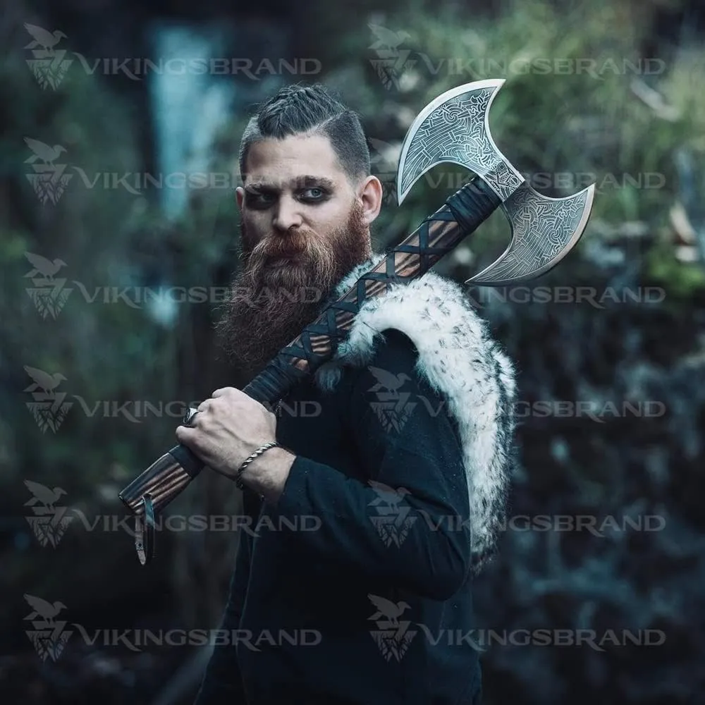 VikingsBrand Handmade Viking Axe Real, Battle Axe, Norse Axe Head Made of 1095 Carbon Steel, Viking Bearded Camping Axe (Odin's Double Head)