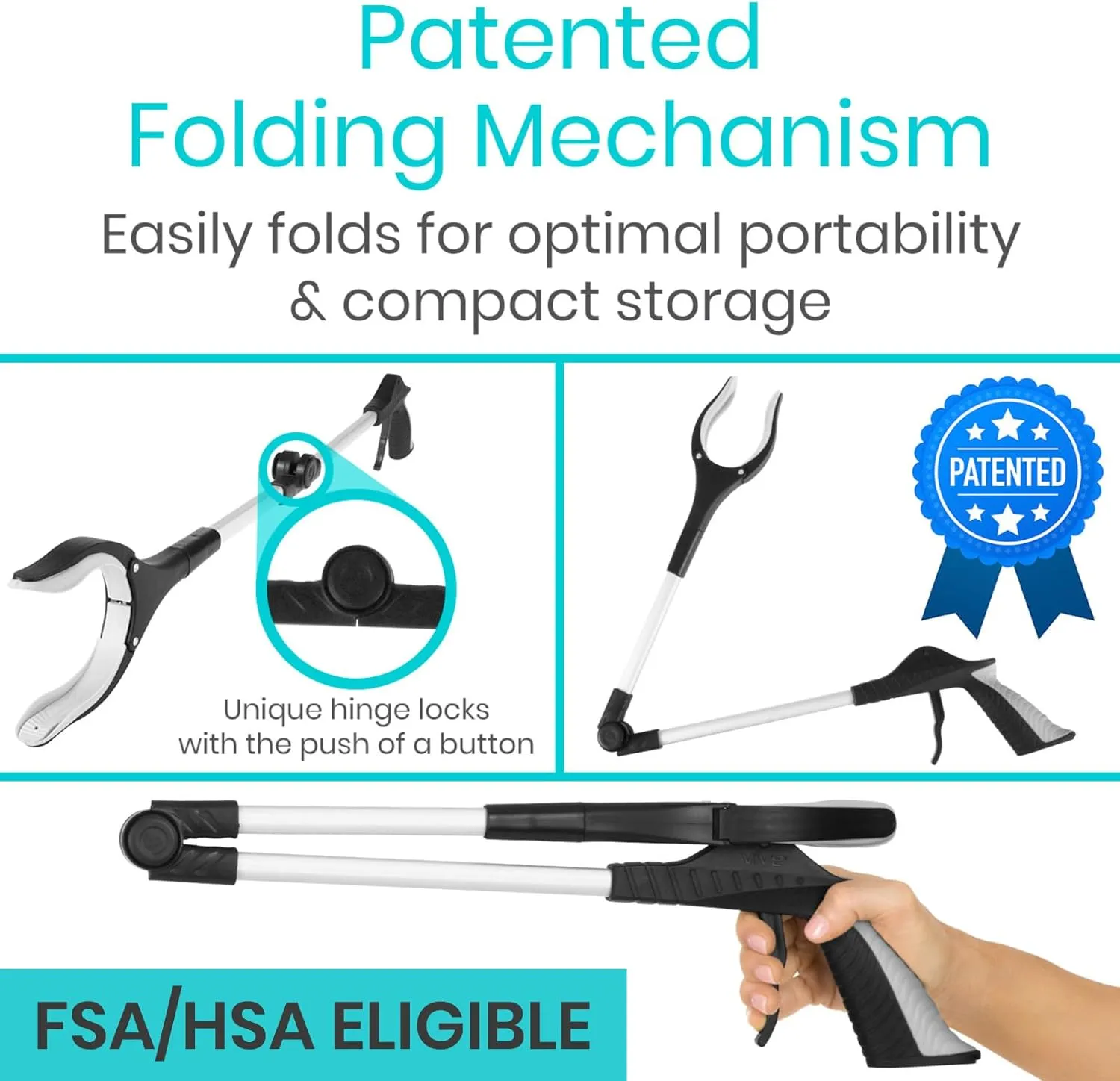 Vive 32" Grabber Reacher Tool - Foldable Pickup Stick with Rotating Jaw & Sensitive Trigger - Heavy Duty Mobility Grip Hand Aid - Extra Reach Extender Claw for Seniors, Elderly, Handicap
