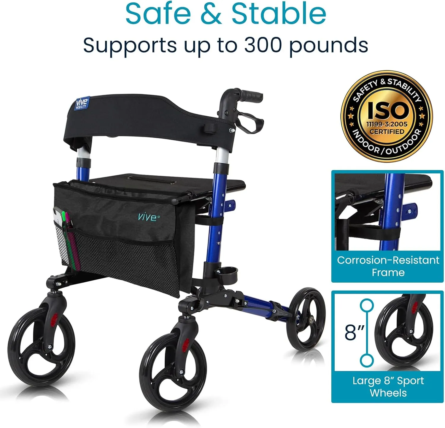 Vive Mobility Rollator Walker - Folding 4 Wheel Medical Rolling Walker with Seat & Bag - Mobility Aid for Adult, Senior, Elderly & Handicap (Ocean Blue, Black Bag)