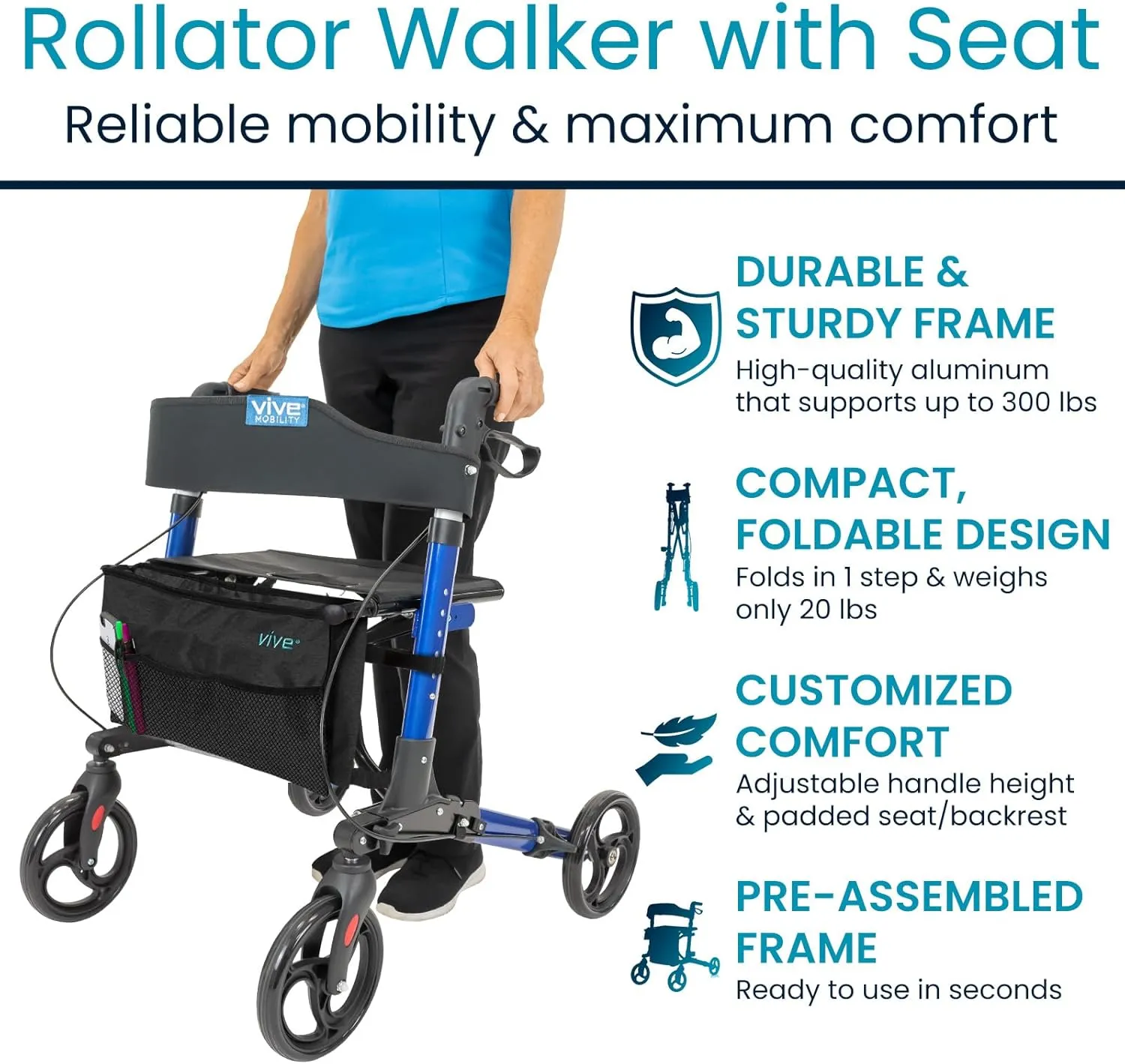 Vive Mobility Rollator Walker - Folding 4 Wheel Medical Rolling Walker with Seat & Bag - Mobility Aid for Adult, Senior, Elderly & Handicap (Ocean Blue, Black Bag)