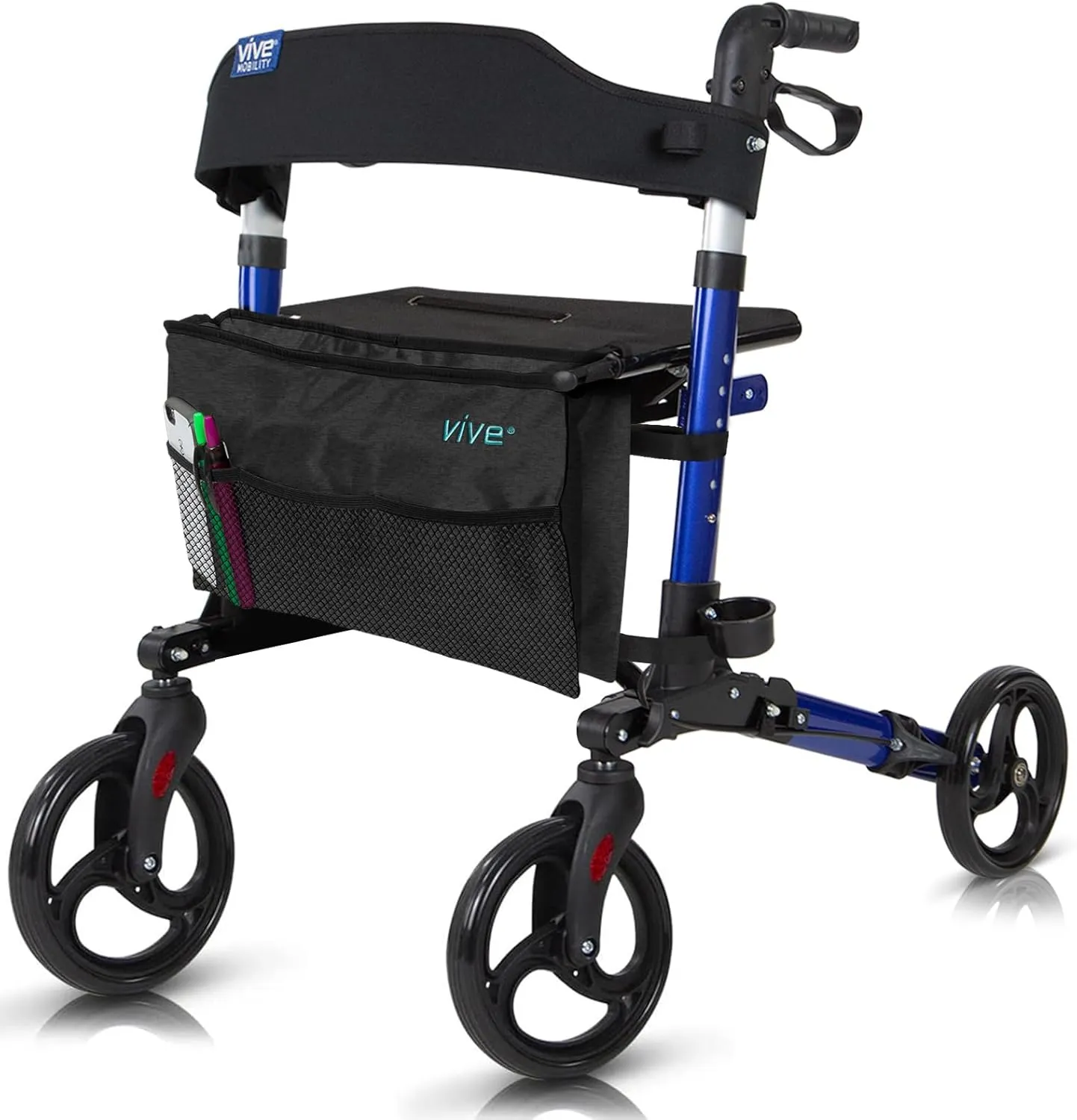 Vive Mobility Rollator Walker - Folding 4 Wheel Medical Rolling Walker with Seat & Bag - Mobility Aid for Adult, Senior, Elderly & Handicap (Ocean Blue, Black Bag)
