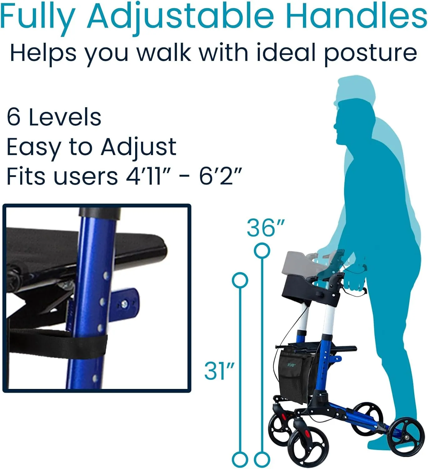 Vive Mobility Rollator Walker - Folding 4 Wheel Medical Rolling Walker with Seat & Bag - Mobility Aid for Adult, Senior, Elderly & Handicap (Ocean Blue, Black Bag)