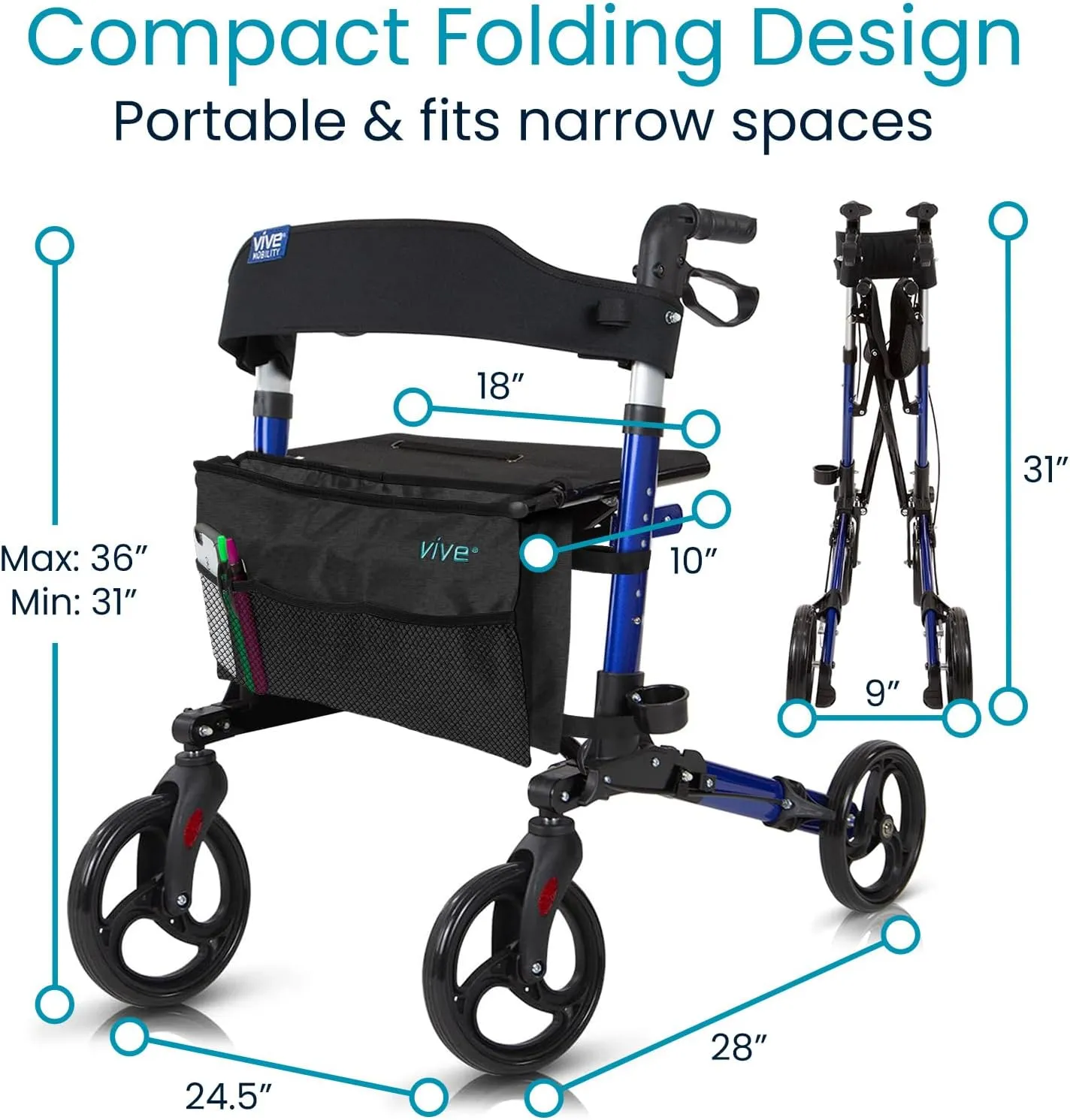Vive Mobility Rollator Walker - Folding 4 Wheel Medical Rolling Walker with Seat & Bag - Mobility Aid for Adult, Senior, Elderly & Handicap (Ocean Blue, Black Bag)