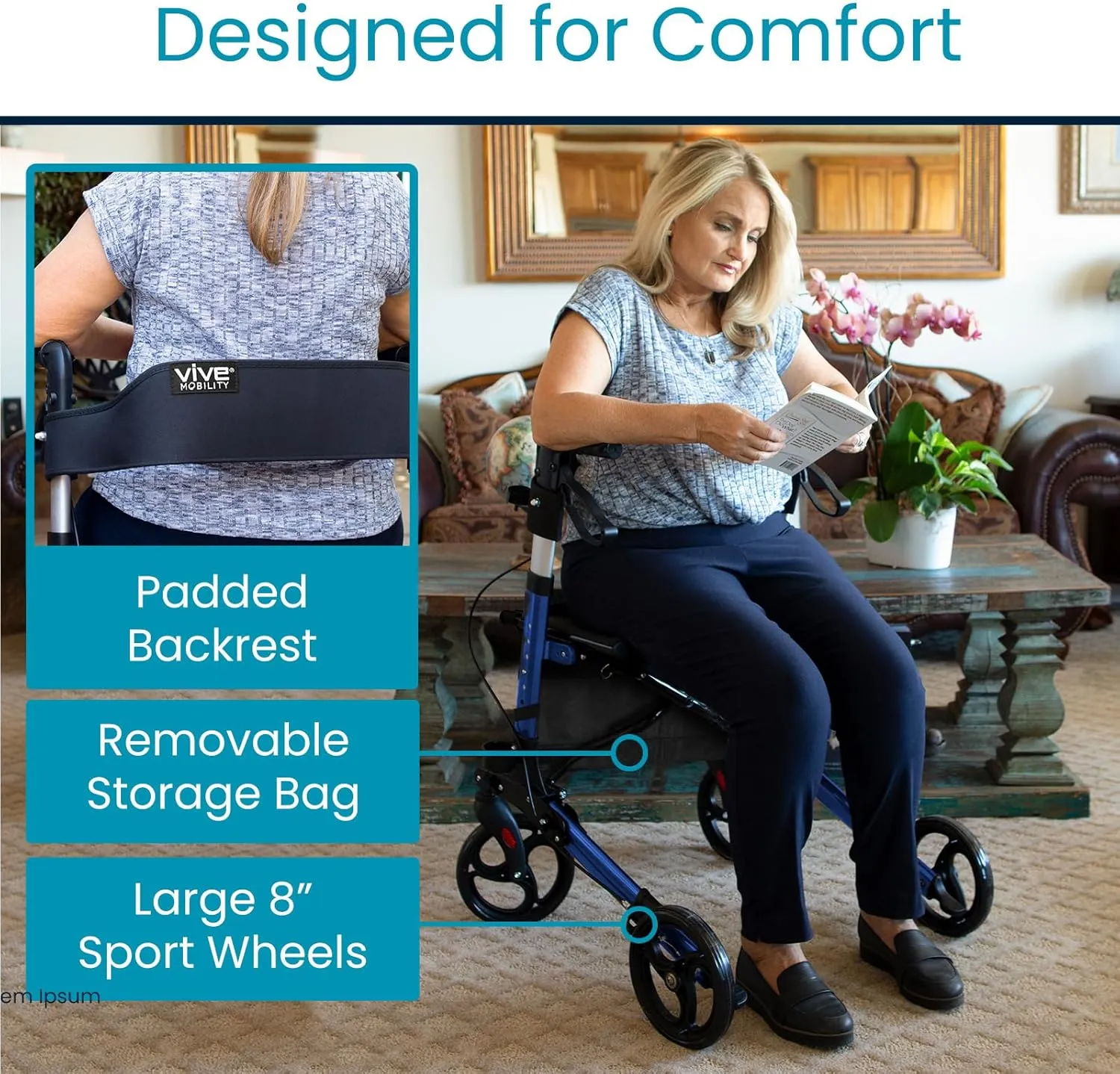 Vive Mobility Rollator Walker - Folding 4 Wheel Medical Rolling Walker with Seat & Bag - Mobility Aid for Adult, Senior, Elderly & Handicap (Ocean Blue, Black Bag)
