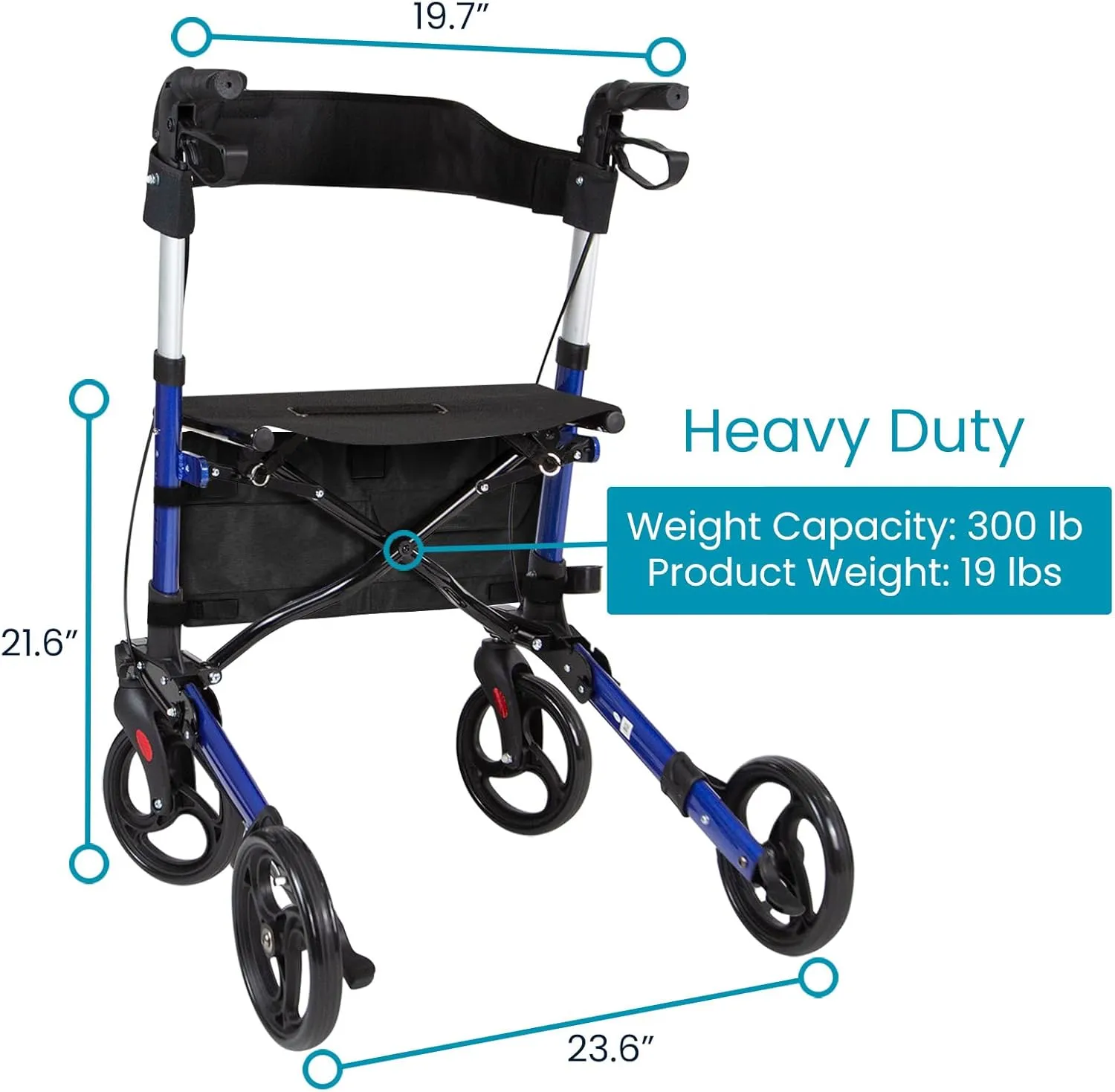 Vive Mobility Rollator Walker - Folding 4 Wheel Medical Rolling Walker with Seat & Bag - Mobility Aid for Adult, Senior, Elderly & Handicap (Ocean Blue, Black Bag)