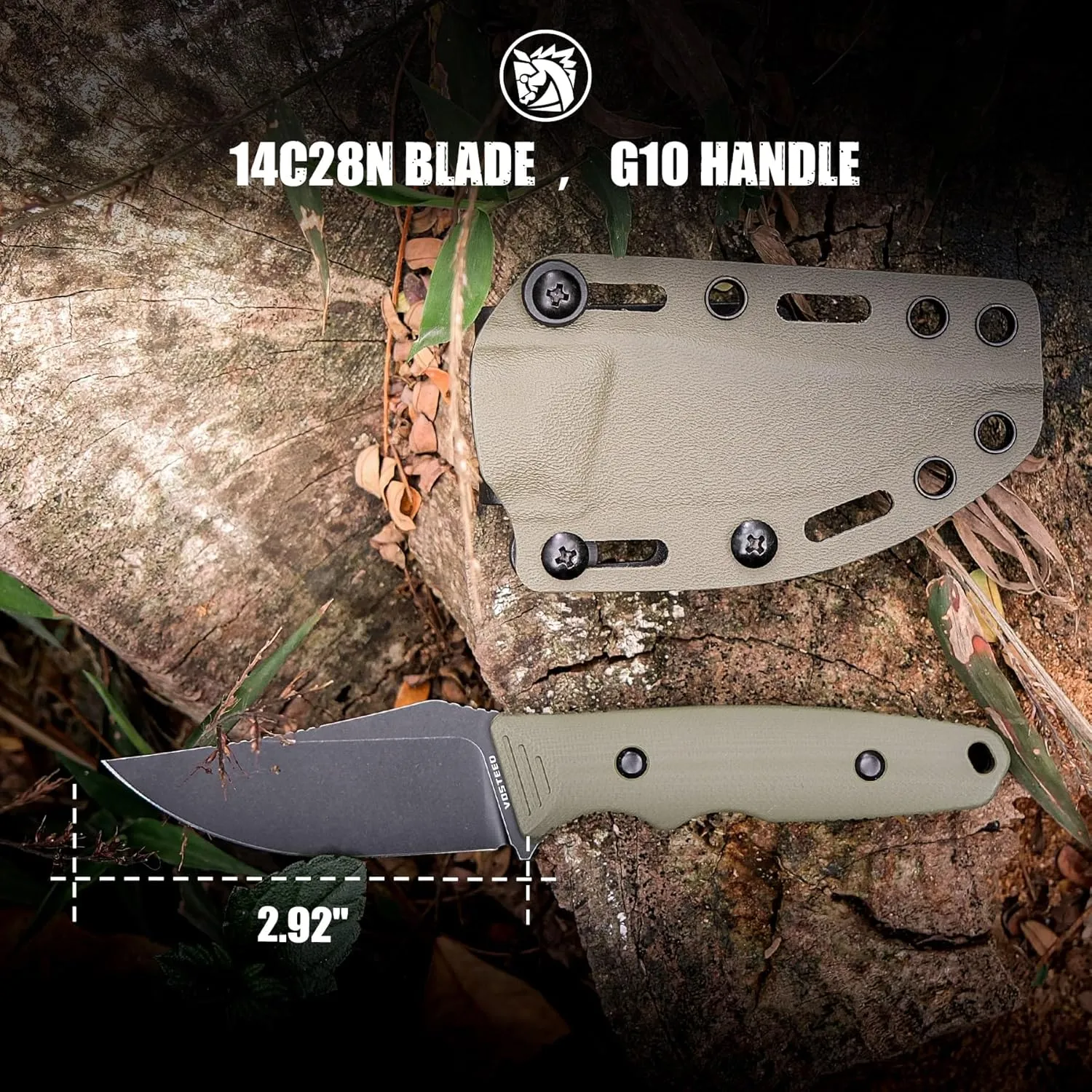 Vosteed H-Back Series EDC Fixed Blade Knife - 2.92" 14C28N Blade with Sheath, Green G10 Handle with S.O.A.R. Clip for Hunting Survival Knives - D0402
