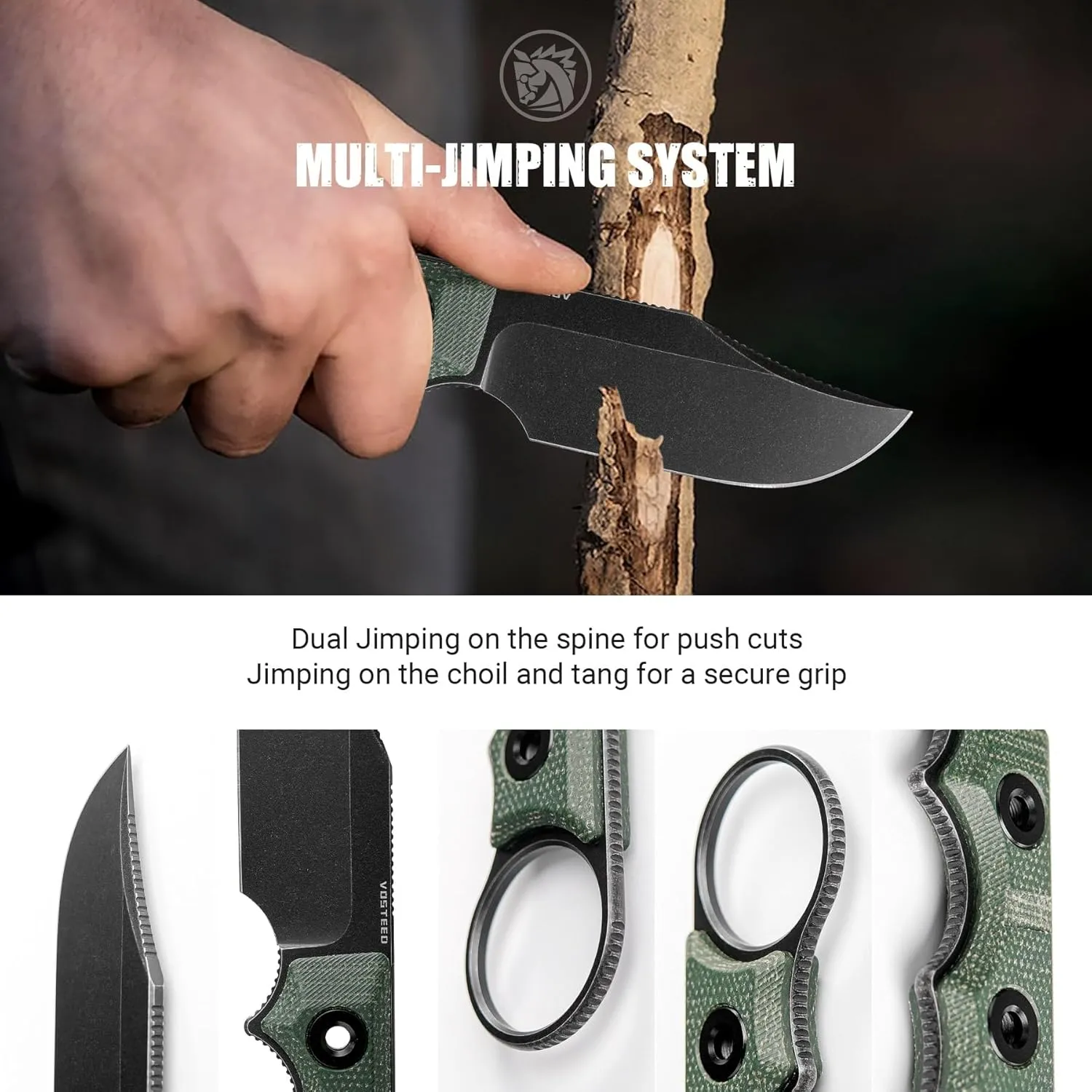 Vosteed Quokka-O EDC Fixed Blade Knife - 2.75" 14C28N Blade with Sheath, Green Micarta Handle with S.O.A.R. Clip for Hunting Survival Knives - D0502