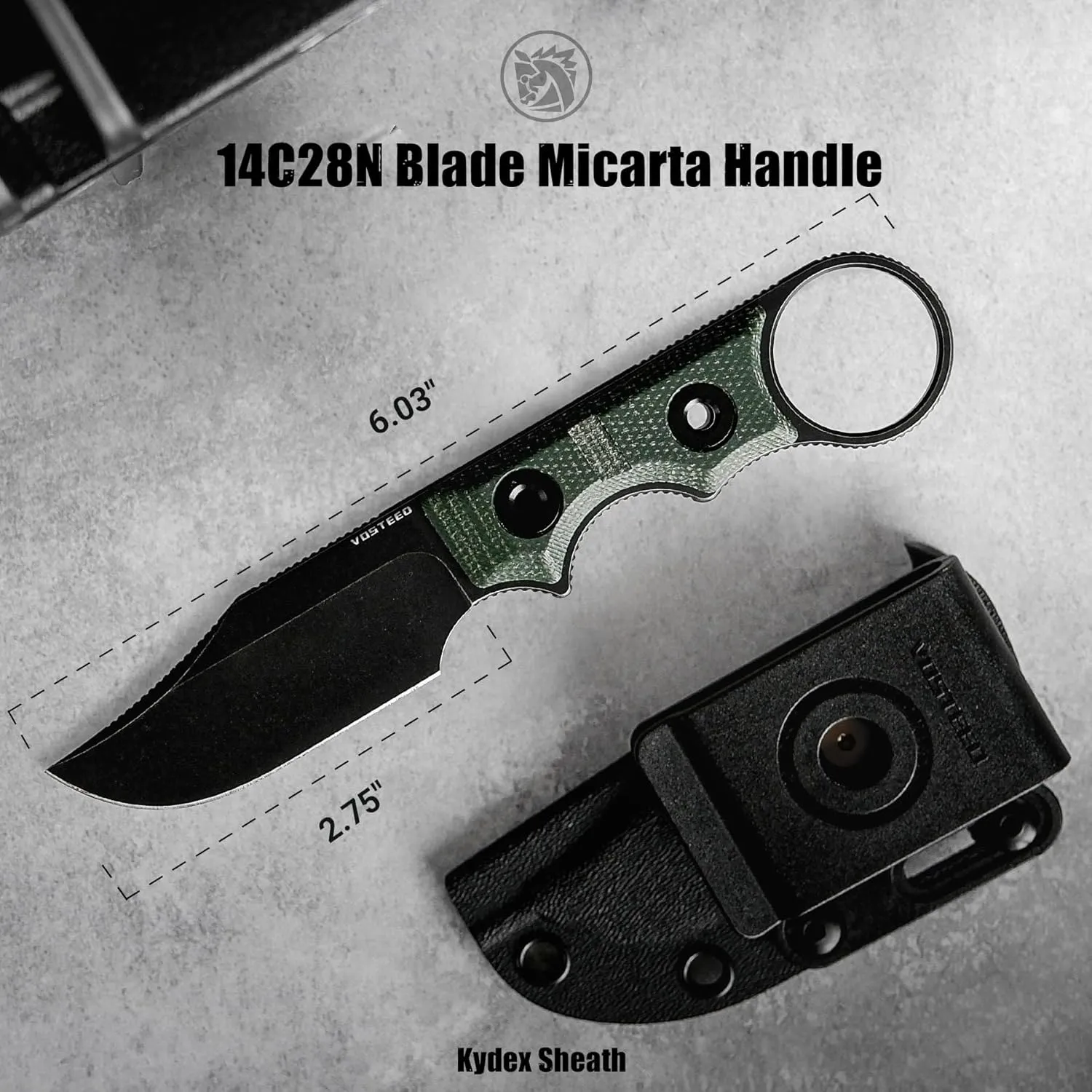Vosteed Quokka-O EDC Fixed Blade Knife - 2.75" 14C28N Blade with Sheath, Green Micarta Handle with S.O.A.R. Clip for Hunting Survival Knives - D0502