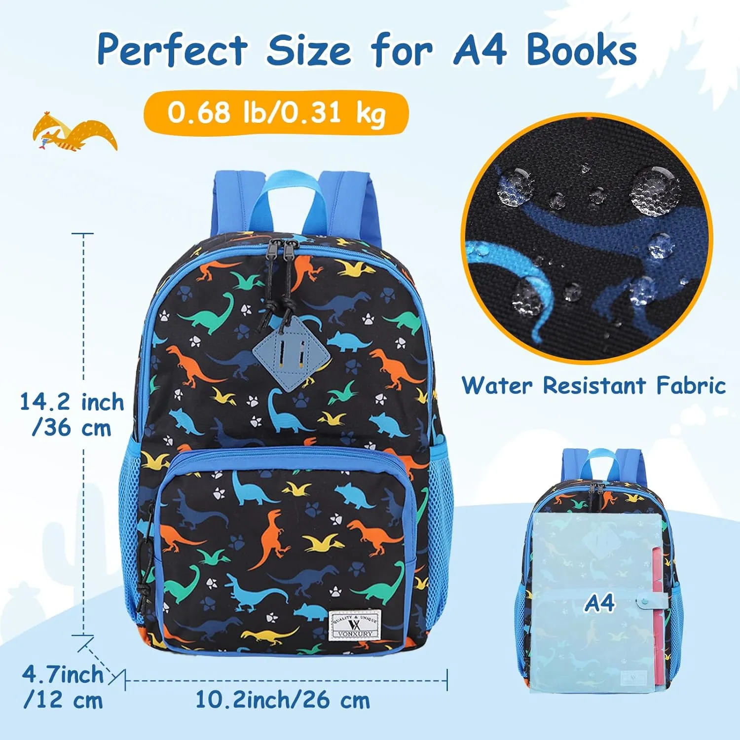 VX VONXURY Kids Backpack,Cute Preschool Toddler Schoolbag for Boys with Chest Strap Small（Black Dinosaur