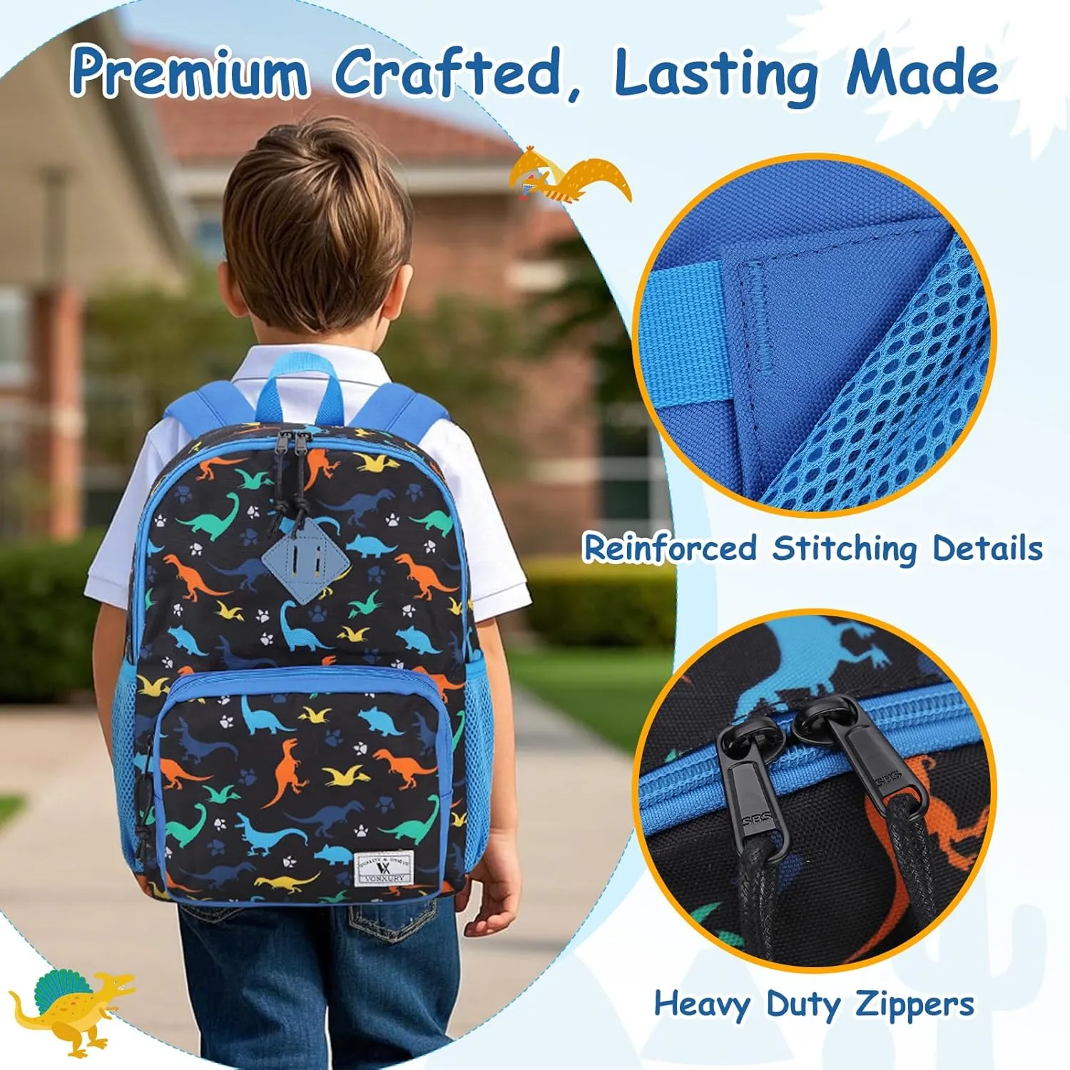 VX VONXURY Kids Backpack,Cute Preschool Toddler Schoolbag for Boys with Chest Strap Small（Black Dinosaur