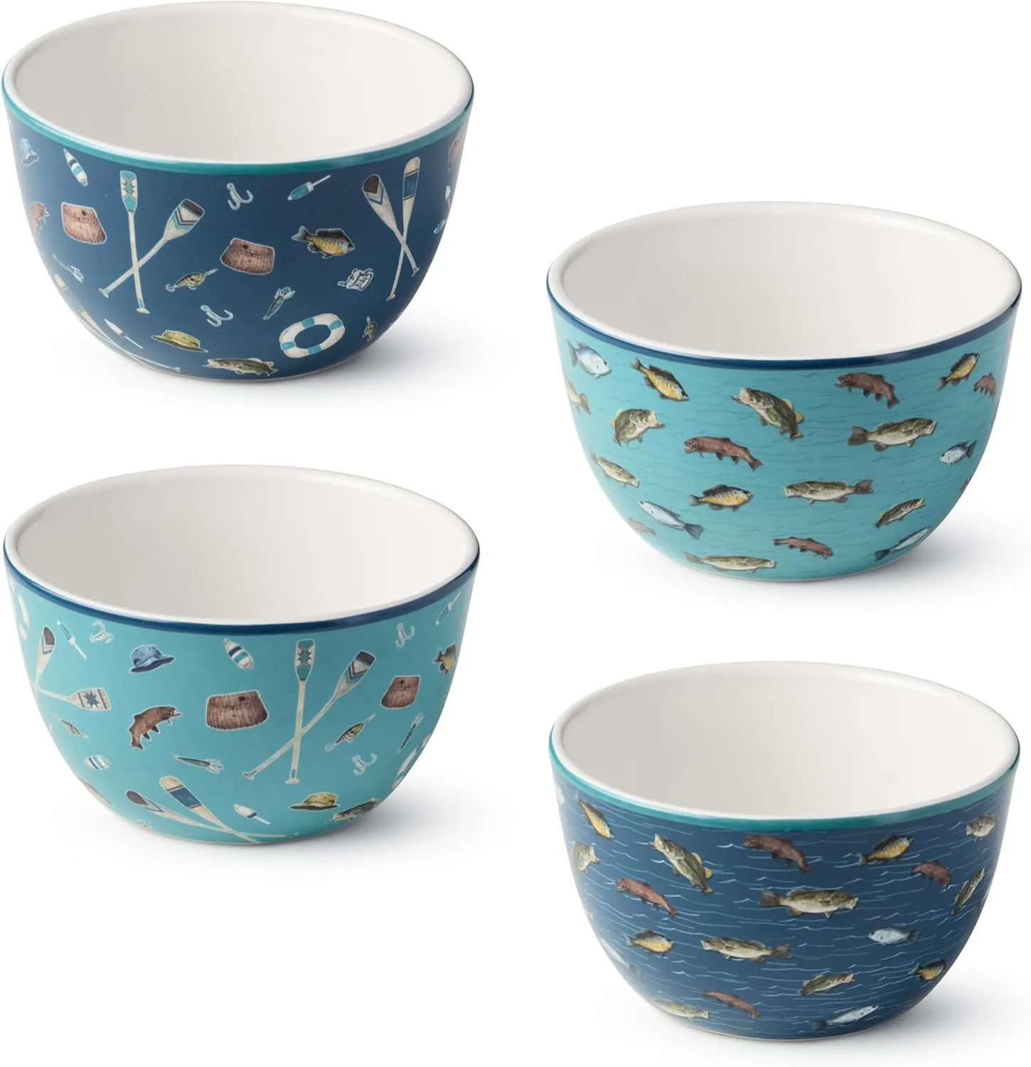 Wake at the Lake Ice Cream Bowls, Set of 4, 5.25-Inch Lakeside-Inspired Designs with Fish & Oars, Durable Ceramic, Dishwasher & Microwave Safe, Perfect for Desserts & Snacks