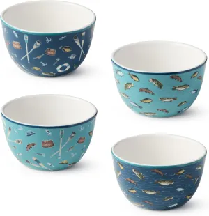 Wake at the Lake Ice Cream Bowls, Set of 4, 5.25-Inch Lakeside-Inspired Designs with Fish & Oars, Durable Ceramic, Dishwasher & Microwave Safe, Perfect for Desserts & Snacks