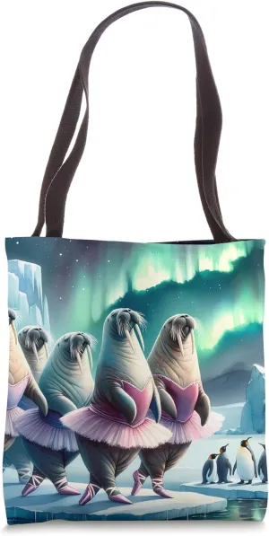 Walruses In Velvet Tutus Perform Ballet Under Polar Lights Tote Bag