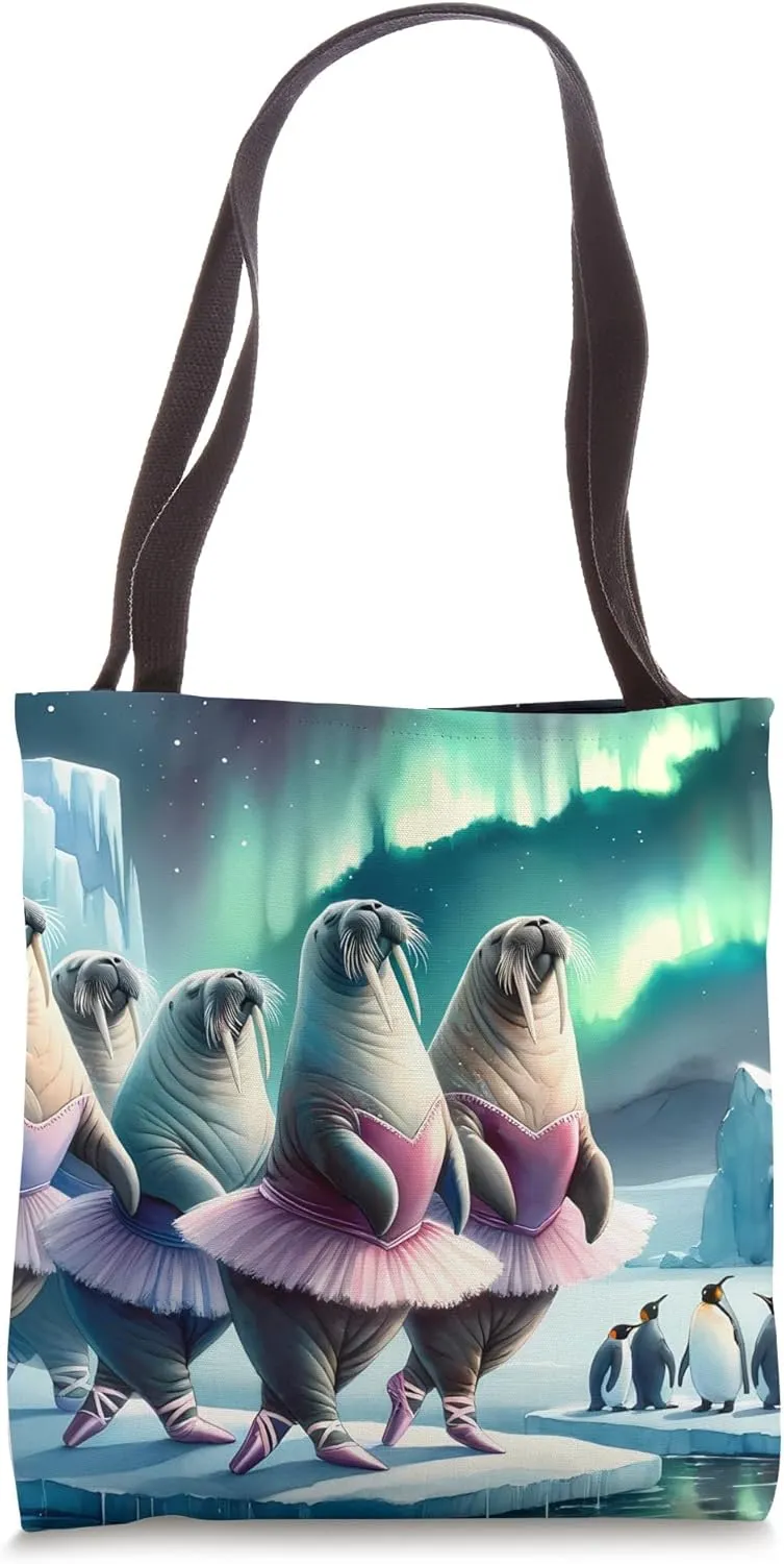 Walruses In Velvet Tutus Perform Ballet Under Polar Lights Tote Bag