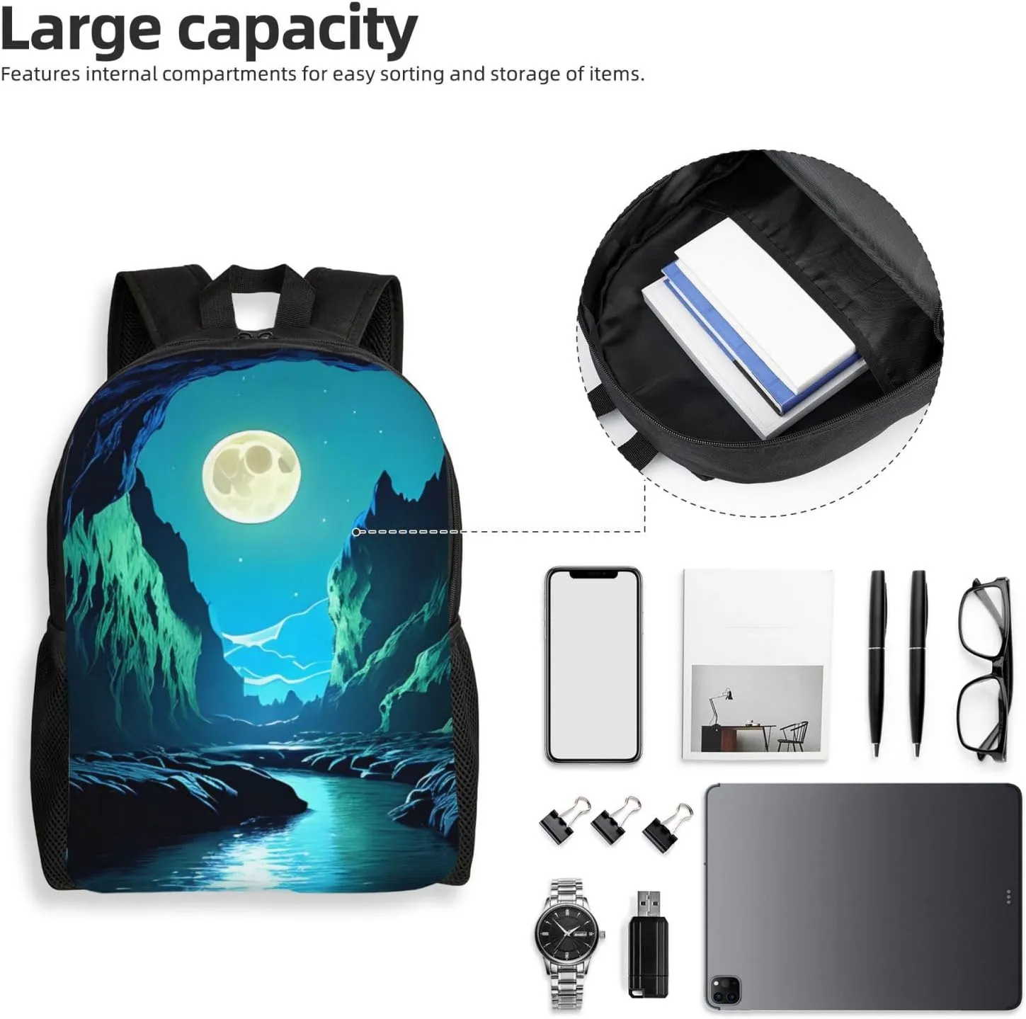 Water Moon Cave Printed Travel Laptop Backpack for Men Women, Funny Daily Use Computer Bag, Waterproof Casual Daypack