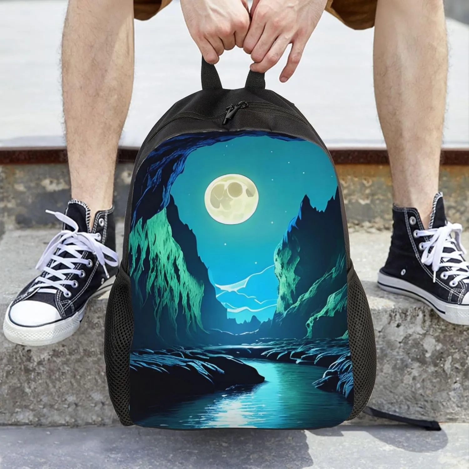 Water Moon Cave Printed Travel Laptop Backpack for Men Women, Funny Daily Use Computer Bag, Waterproof Casual Daypack