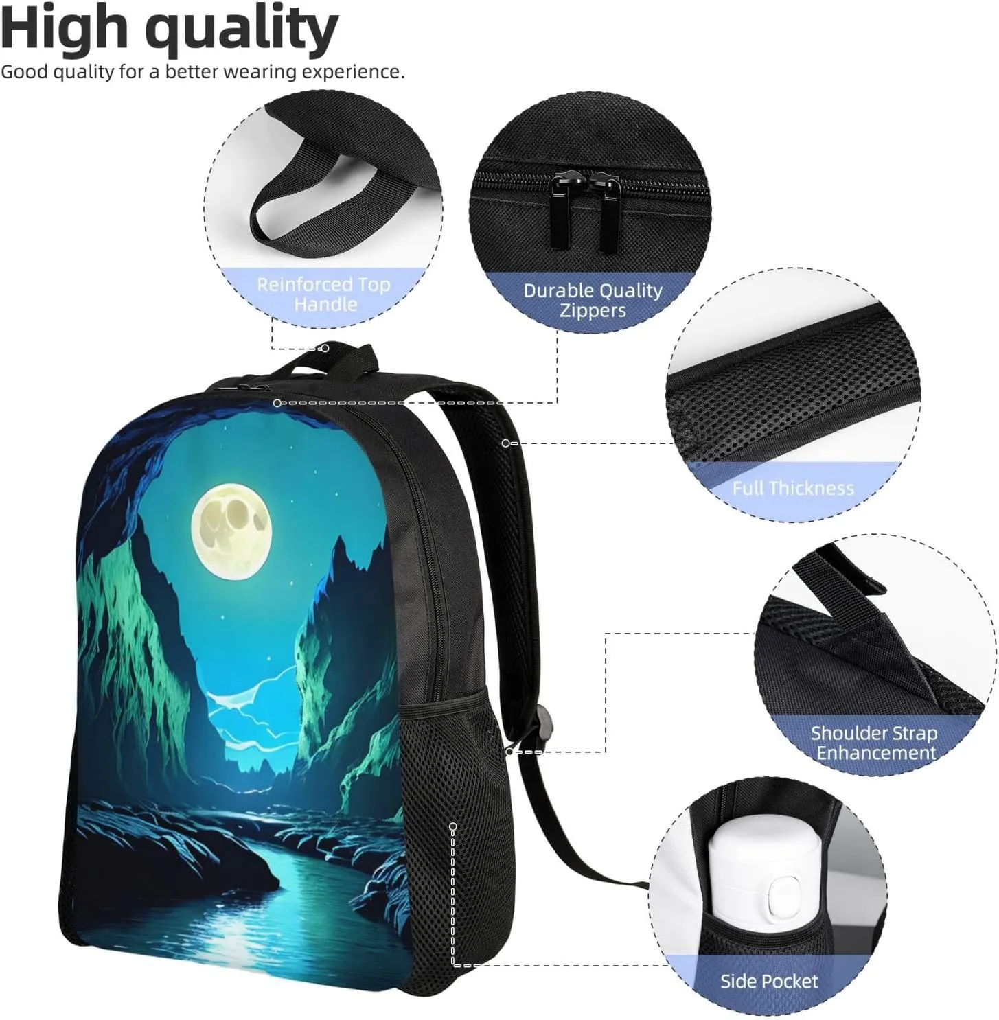Water Moon Cave Printed Travel Laptop Backpack for Men Women, Funny Daily Use Computer Bag, Waterproof Casual Daypack