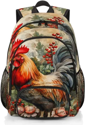 Watercolor Rooster Vintage Carry on Travel Backpack for Women Men Water resistant Lightweight Rucksack Backpack for Weekender Casual Work Hiking Farmhouse