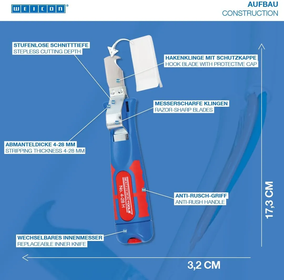 WEICON Cable Stripper No. 4-28 H | Cable stipping tool with hooked blade | adjustable cutting depth | dismantling of round cables | working range of 4-28 mm Ø