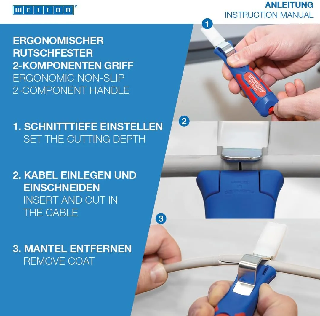 WEICON Cable Stripper No. 4-28 H | Cable stipping tool with hooked blade | adjustable cutting depth | dismantling of round cables | working range of 4-28 mm Ø