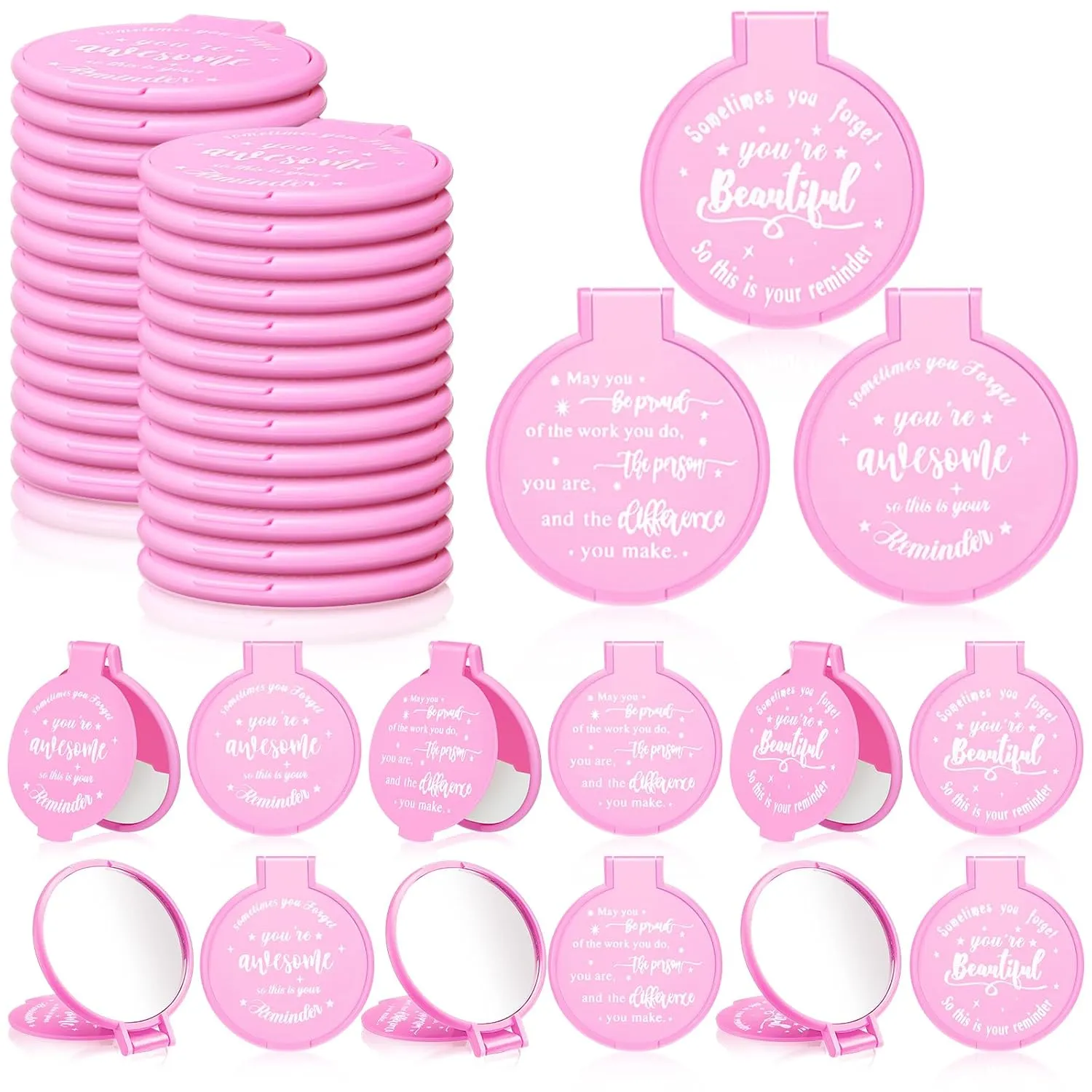 Wenqik 64 Pcs Compact Mirror Bulk Pink Gifts for Women Small Inspirational Pocket Purse Handheld Mirror Portable Round Makeup Folding Appreciation Gift for Christmas Valentine Daily Travel Coworker