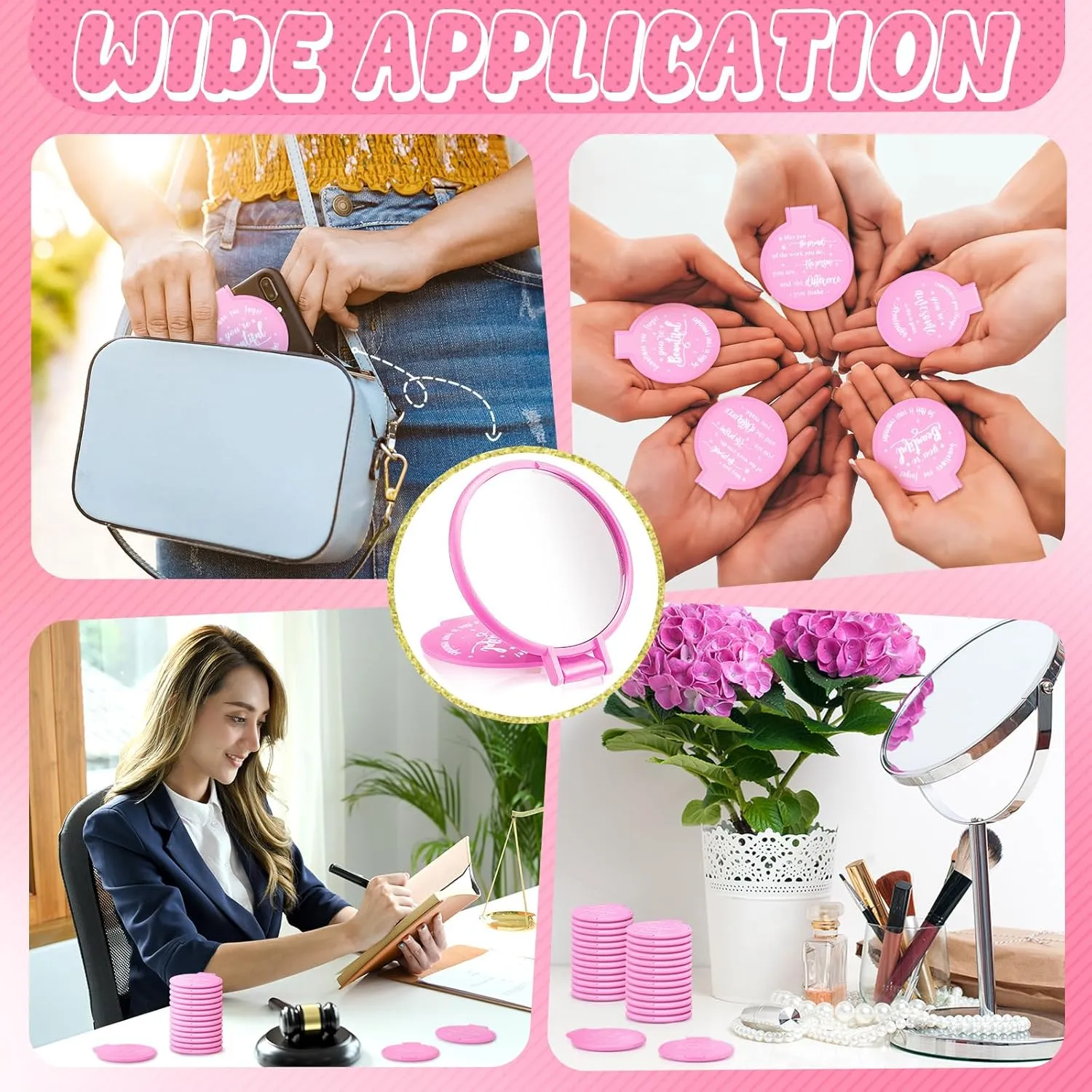 Wenqik 64 Pcs Compact Mirror Bulk Pink Gifts for Women Small Inspirational Pocket Purse Handheld Mirror Portable Round Makeup Folding Appreciation Gift for Christmas Valentine Daily Travel Coworker