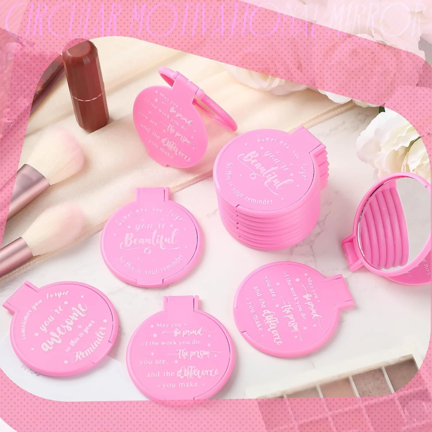 Wenqik 64 Pcs Compact Mirror Bulk Pink Gifts for Women Small Inspirational Pocket Purse Handheld Mirror Portable Round Makeup Folding Appreciation Gift for Christmas Valentine Daily Travel Coworker
