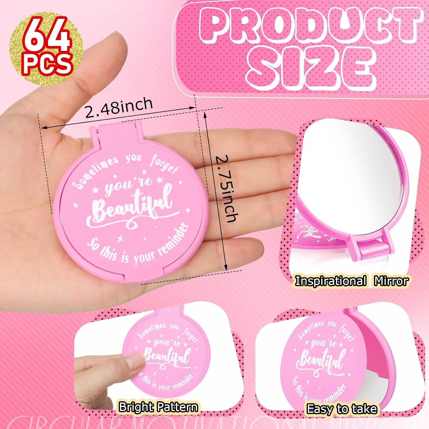 Wenqik 64 Pcs Compact Mirror Bulk Pink Gifts for Women Small Inspirational Pocket Purse Handheld Mirror Portable Round Makeup Folding Appreciation Gift for Christmas Valentine Daily Travel Coworker