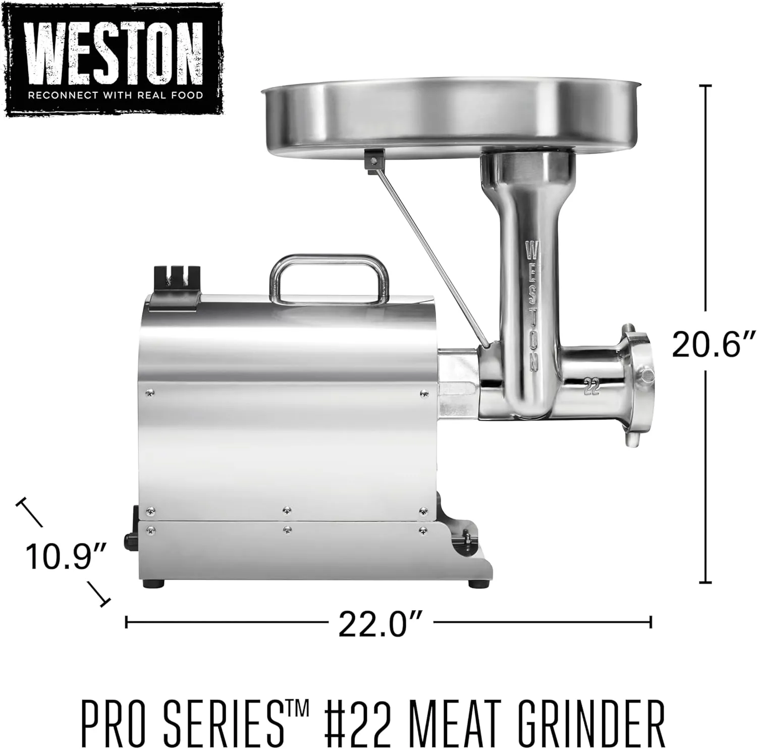 Weston Pro Series Electric Meat Grinder, Commercial Grade, 1120 Watts, 1.5 HP, 14lbs. Per Minute, Stainless Steel (10-2201-W)