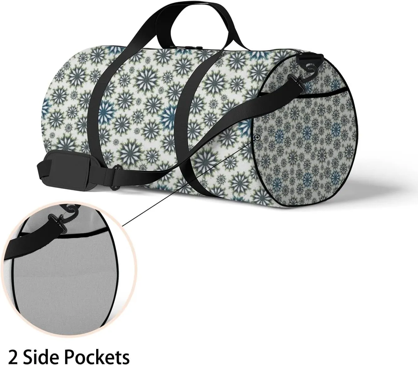 White Flower Bud Arrange Circle Black Dandelions Sports Bag Tote Bag Waterproof Gym Bag with Shoulder Strap Zipper 2 Side Pockets for Men and Women, Travel and Storage Shoulder Bag.