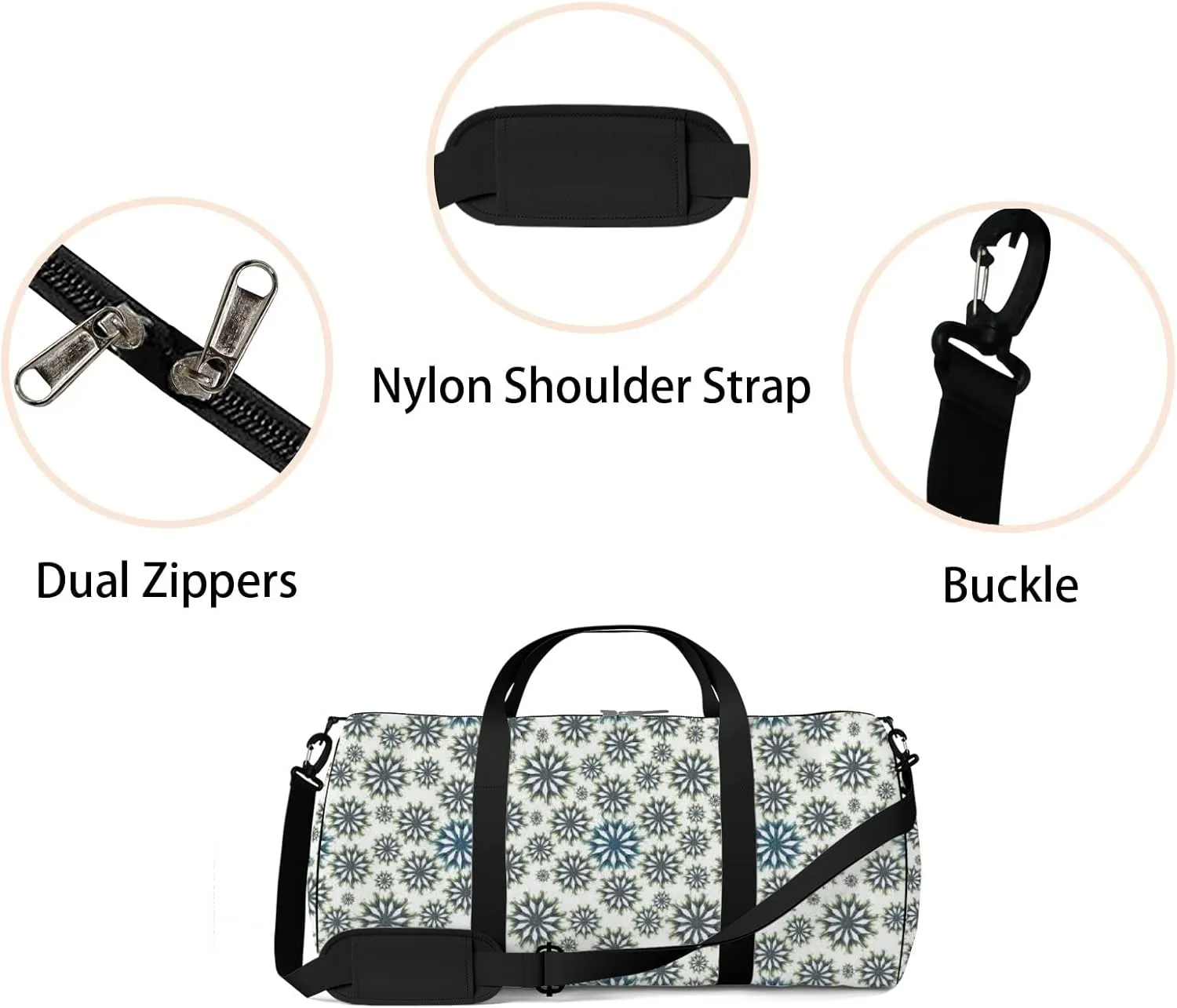White Flower Bud Arrange Circle Black Dandelions Sports Bag Tote Bag Waterproof Gym Bag with Shoulder Strap Zipper 2 Side Pockets for Men and Women, Travel and Storage Shoulder Bag.