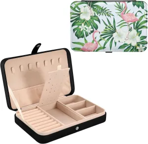 White Hibiscus Floral Flamingo PU Leather Travel Jewelry Organizer Case, Portable Jewellery Storage Holder Display for Ring Earrings Necklace Bracelet Bangle Watch Gift for Girl