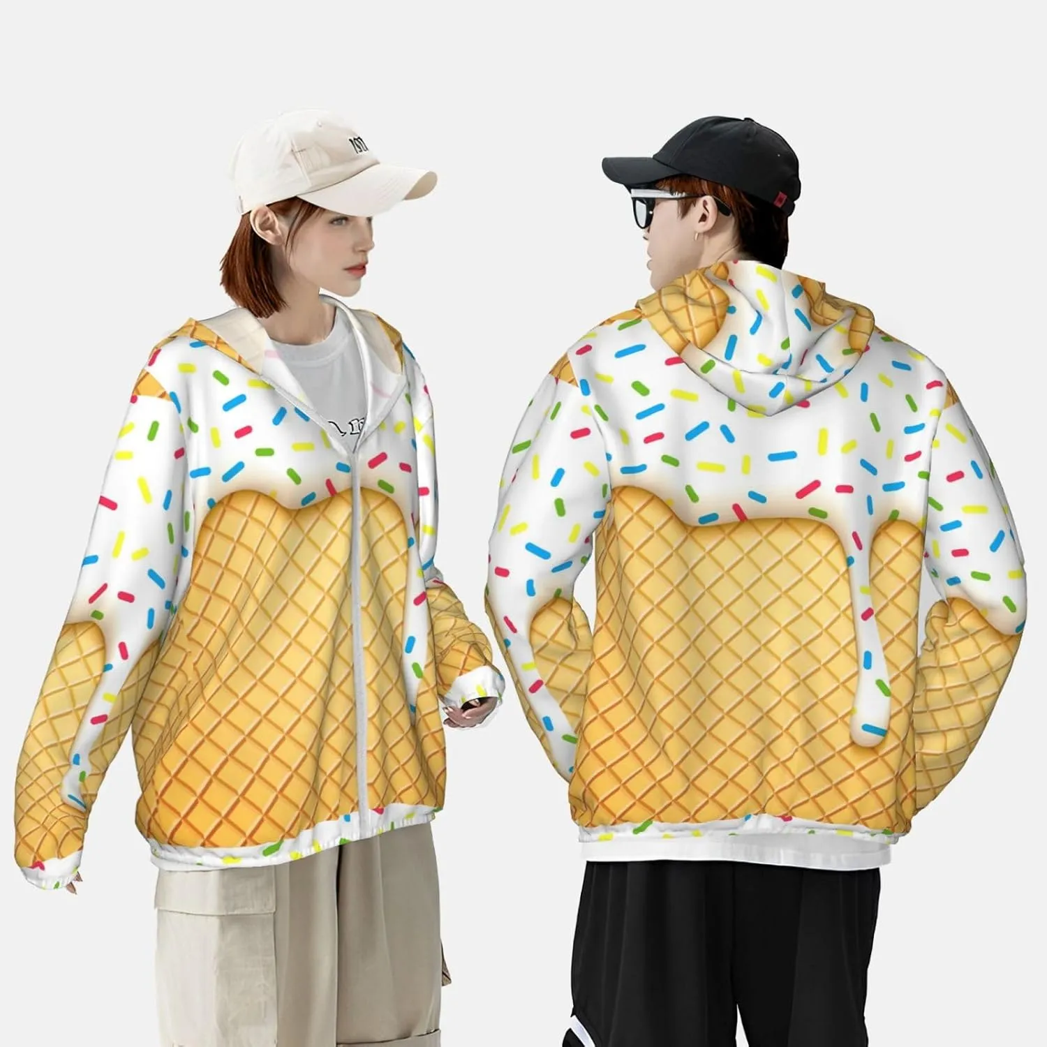 White Ice Cream Men Women Full Zip Sun Protection Hoodie Packable Outdoor Hiking -