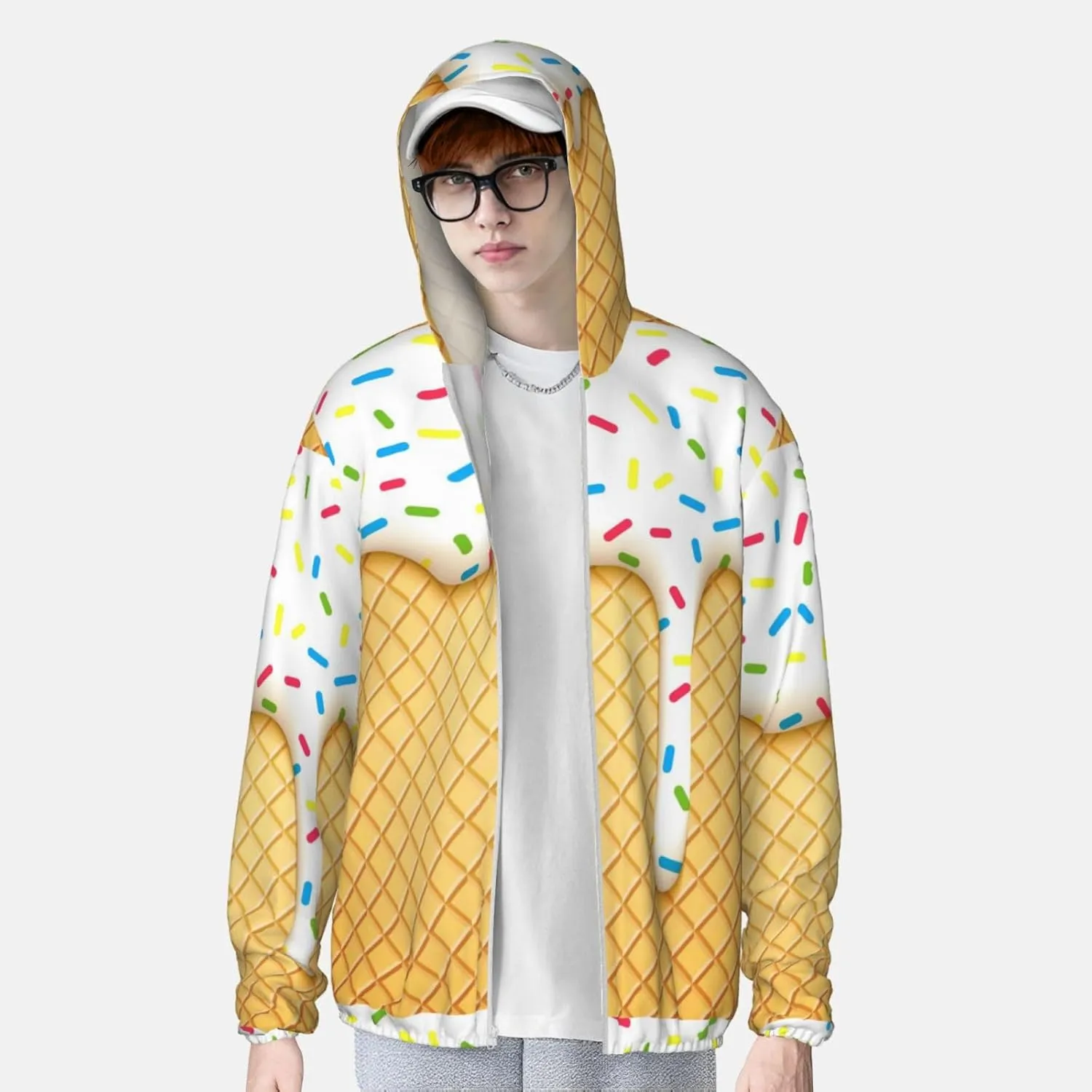 White Ice Cream Men Women Full Zip Sun Protection Hoodie Packable Outdoor Hiking -