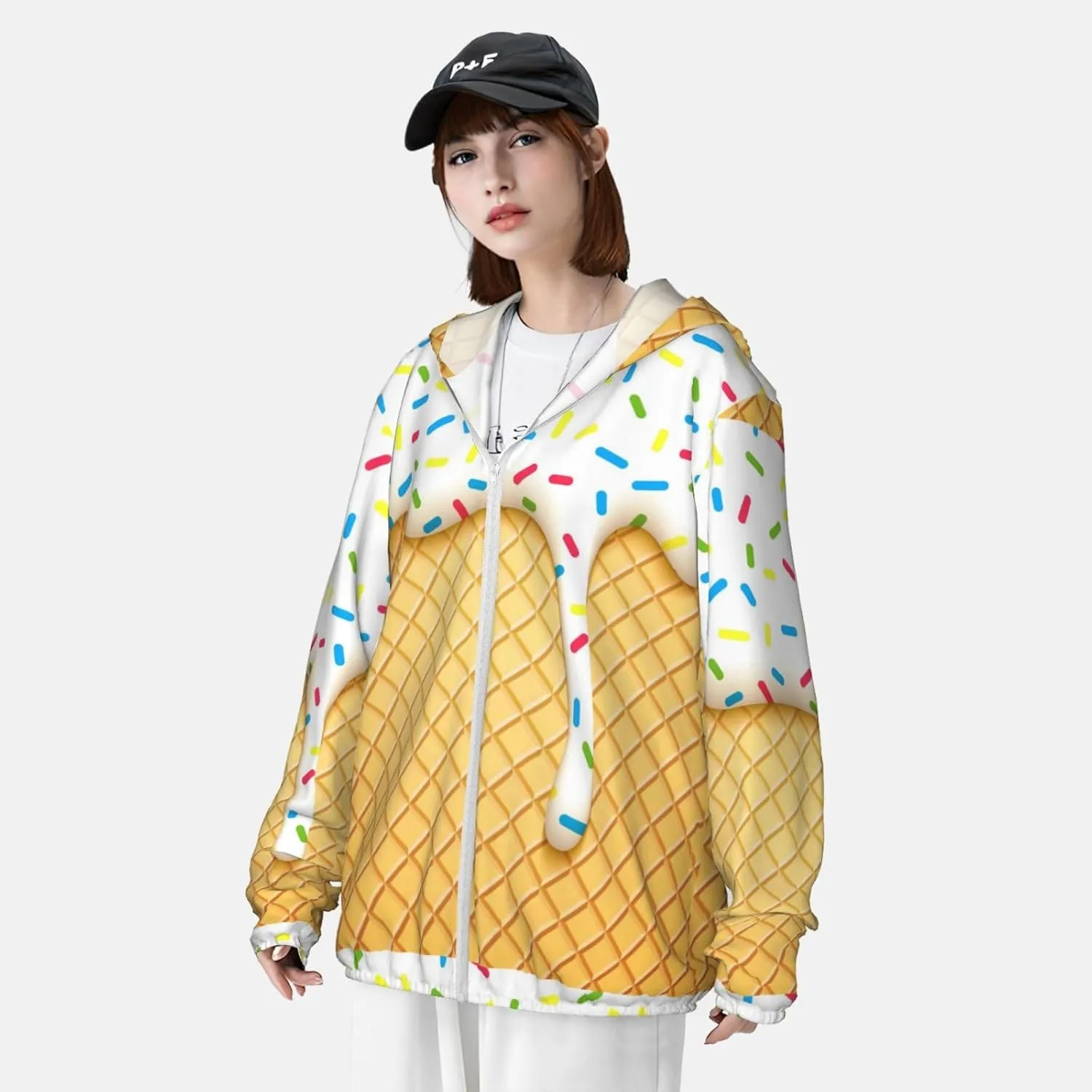 White Ice Cream Men Women Full Zip Sun Protection Hoodie Packable Outdoor Hiking -